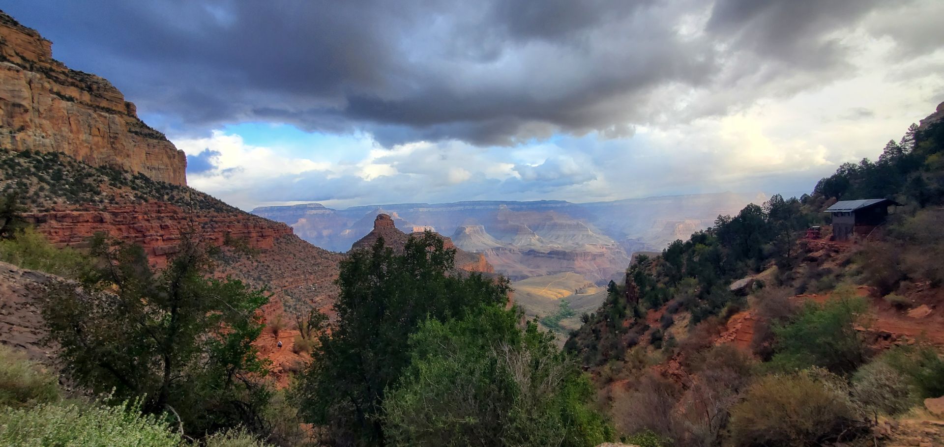 A view of the grand canyon from a cliff on a cloudy day.