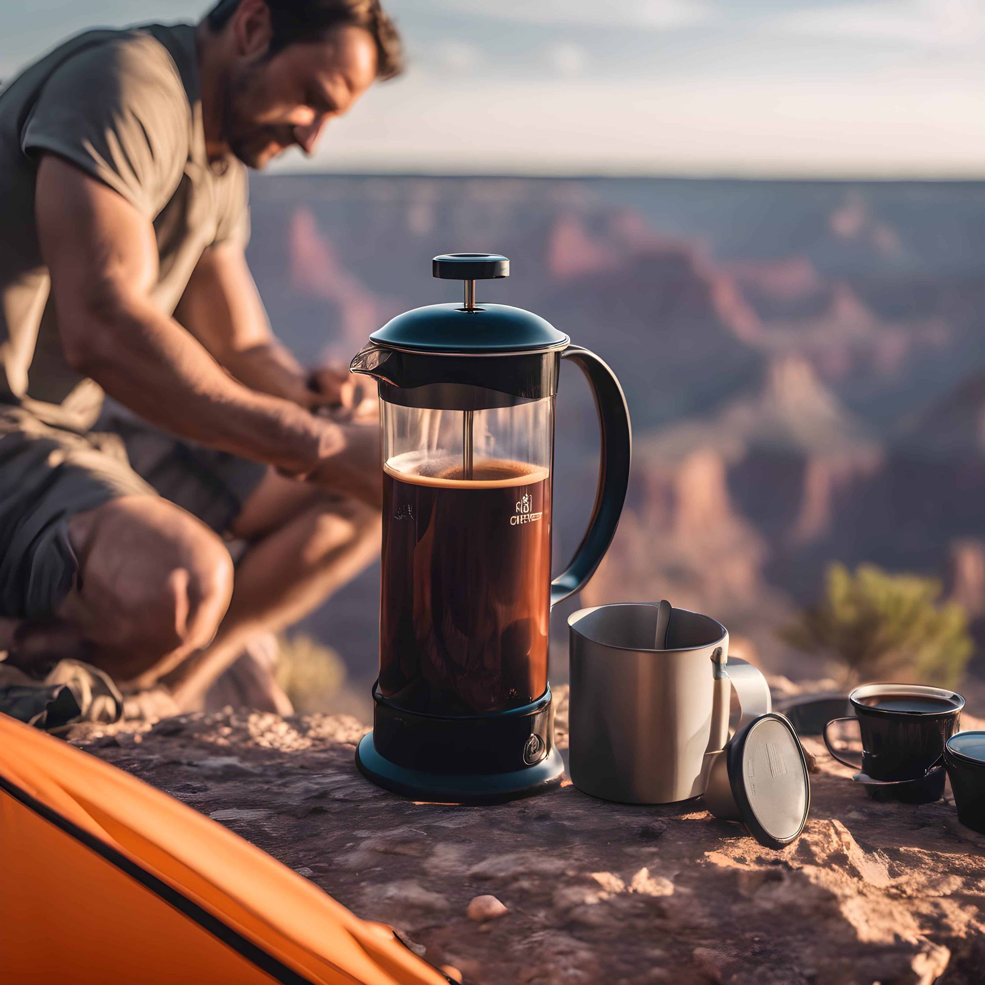 A man is making coffee in a french press in front of a tent.