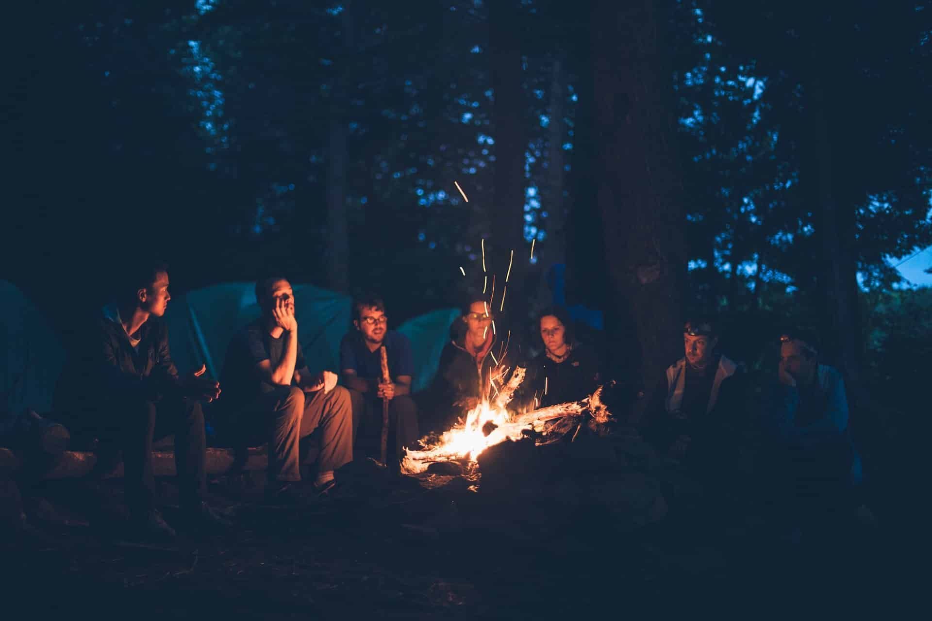 A group of people are sitting around a campfire in the woods at night.