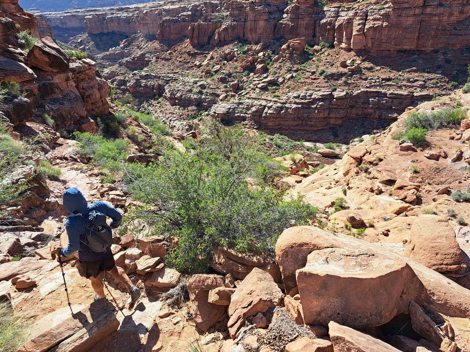 A person is hiking down a rocky trail in the desert.