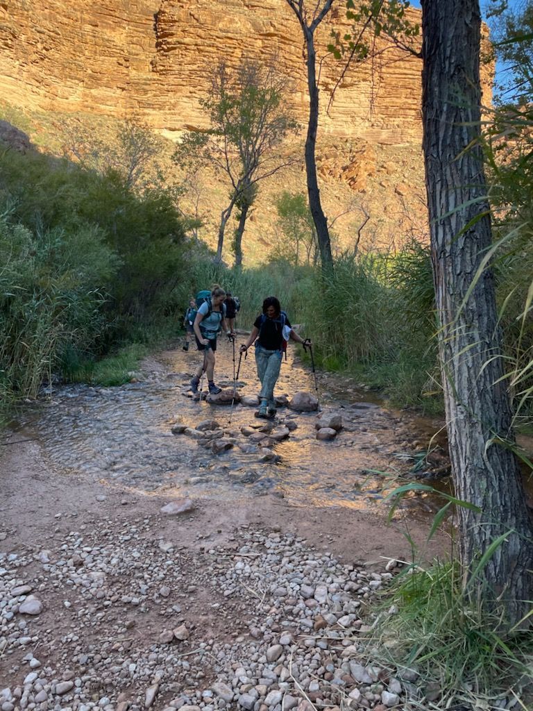 A couple of people are walking down a rocky path.