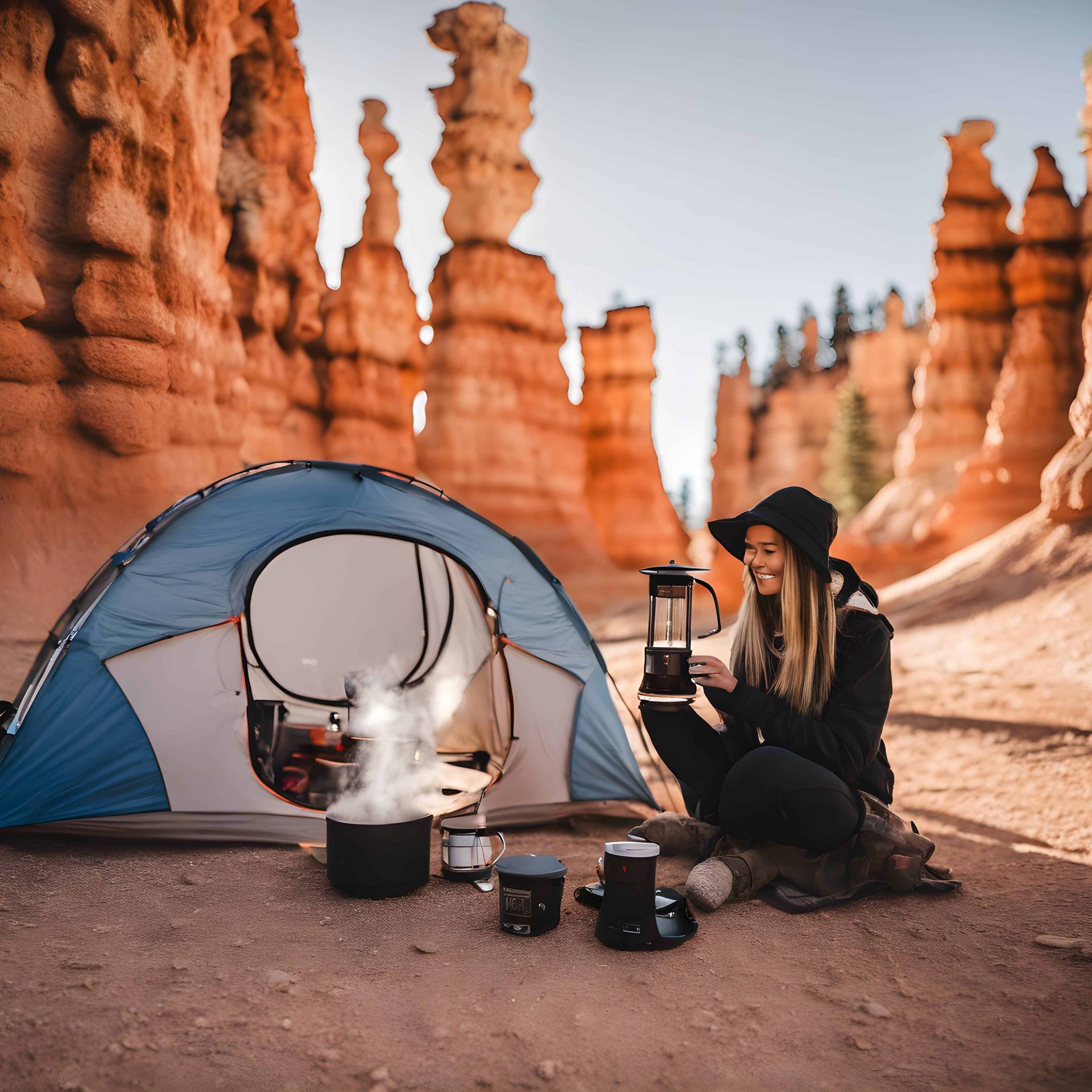 A woman is sitting in front of a tent in the desert holding a lantern.