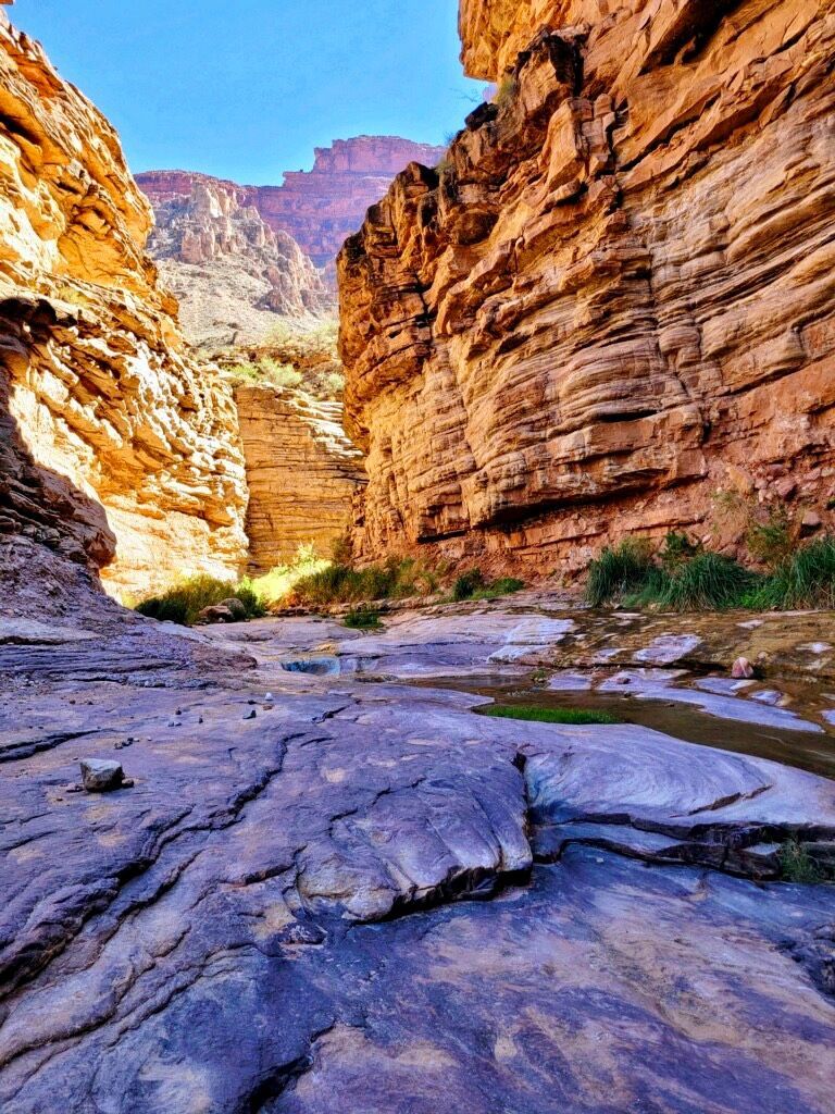 A canyon with a river running through it and mountains in the background.