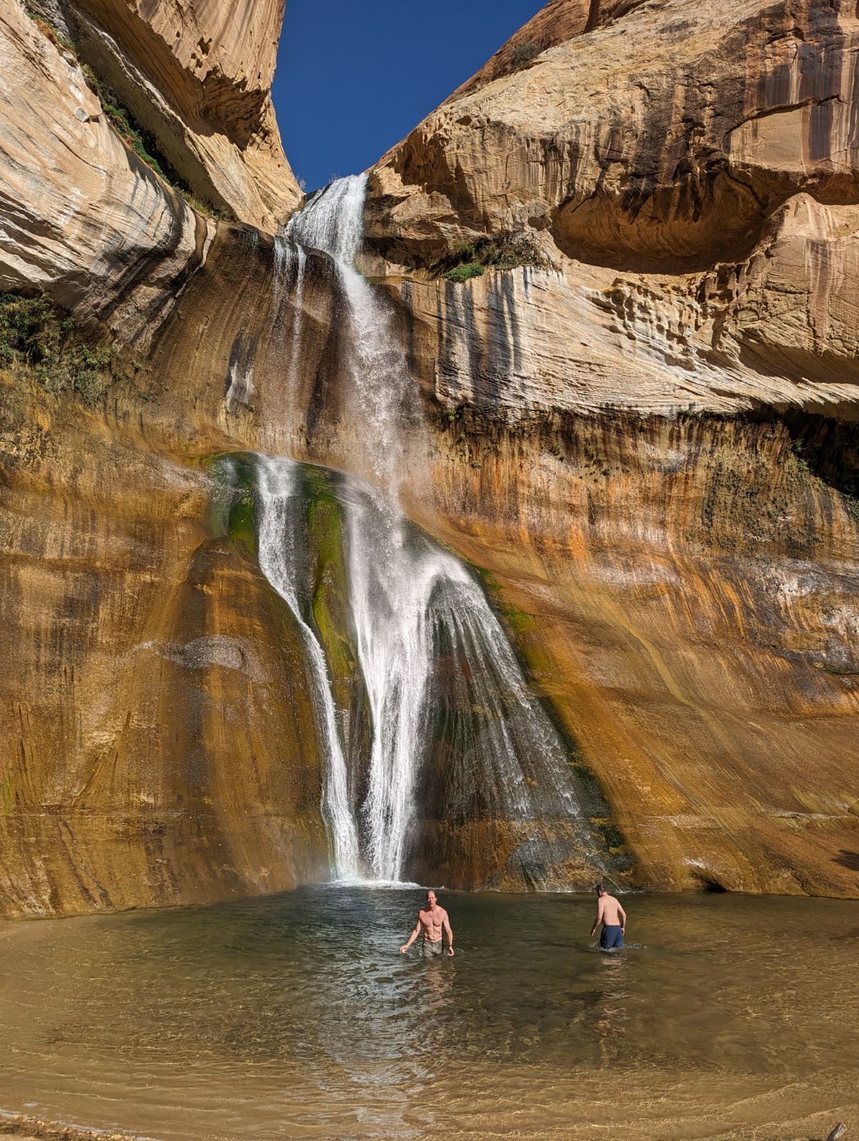 Two men are swimming in a pool under a waterfall.