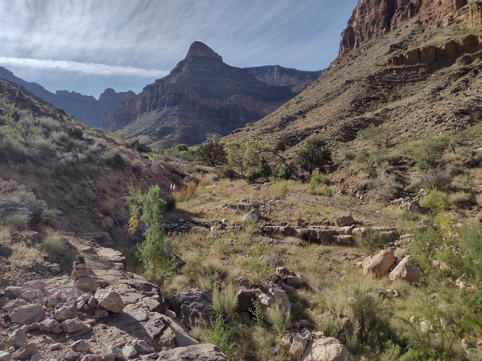 A valley filled with rocks and trees with mountains in the background.