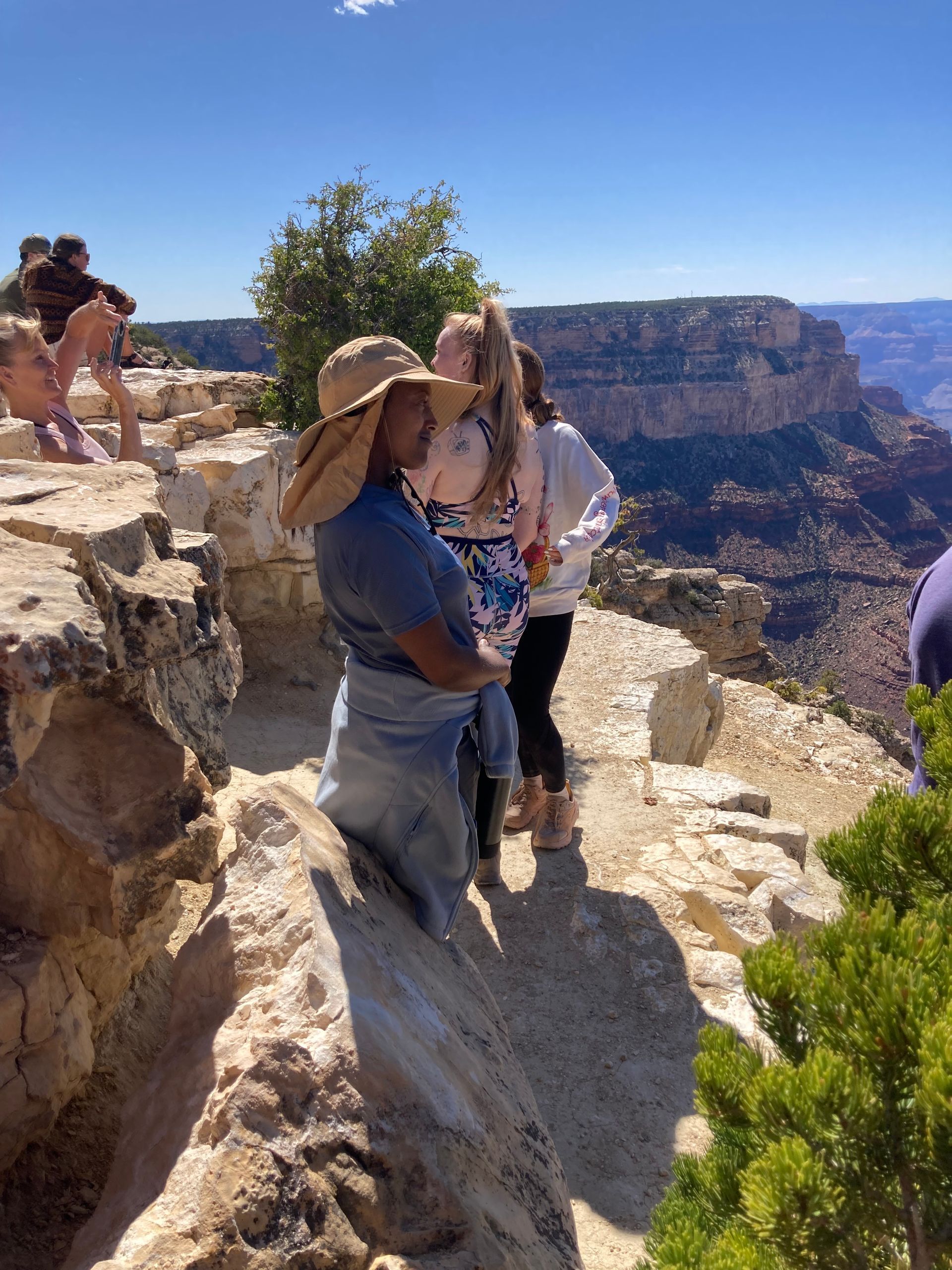 People overlooking the Grand Canyon on a sunny day.