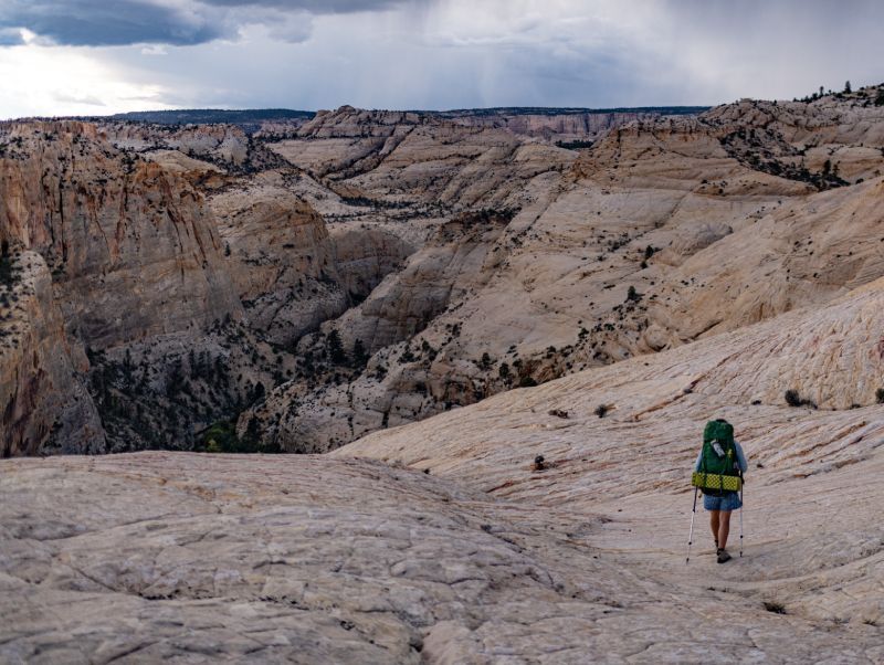 A person with a backpack is walking through a desert landscape
