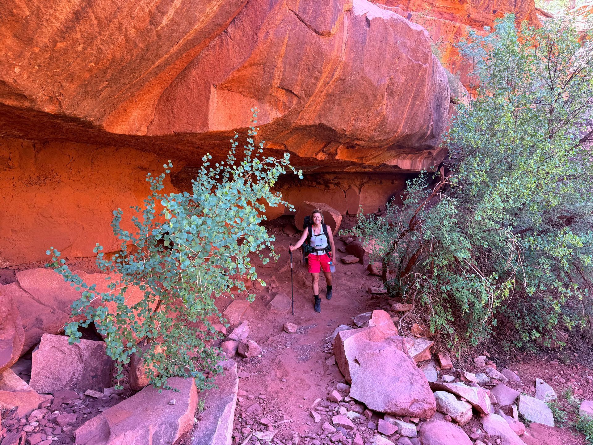 Hiker in red shorts exits a sandstone cave. Red rock canyon setting with green foliage.