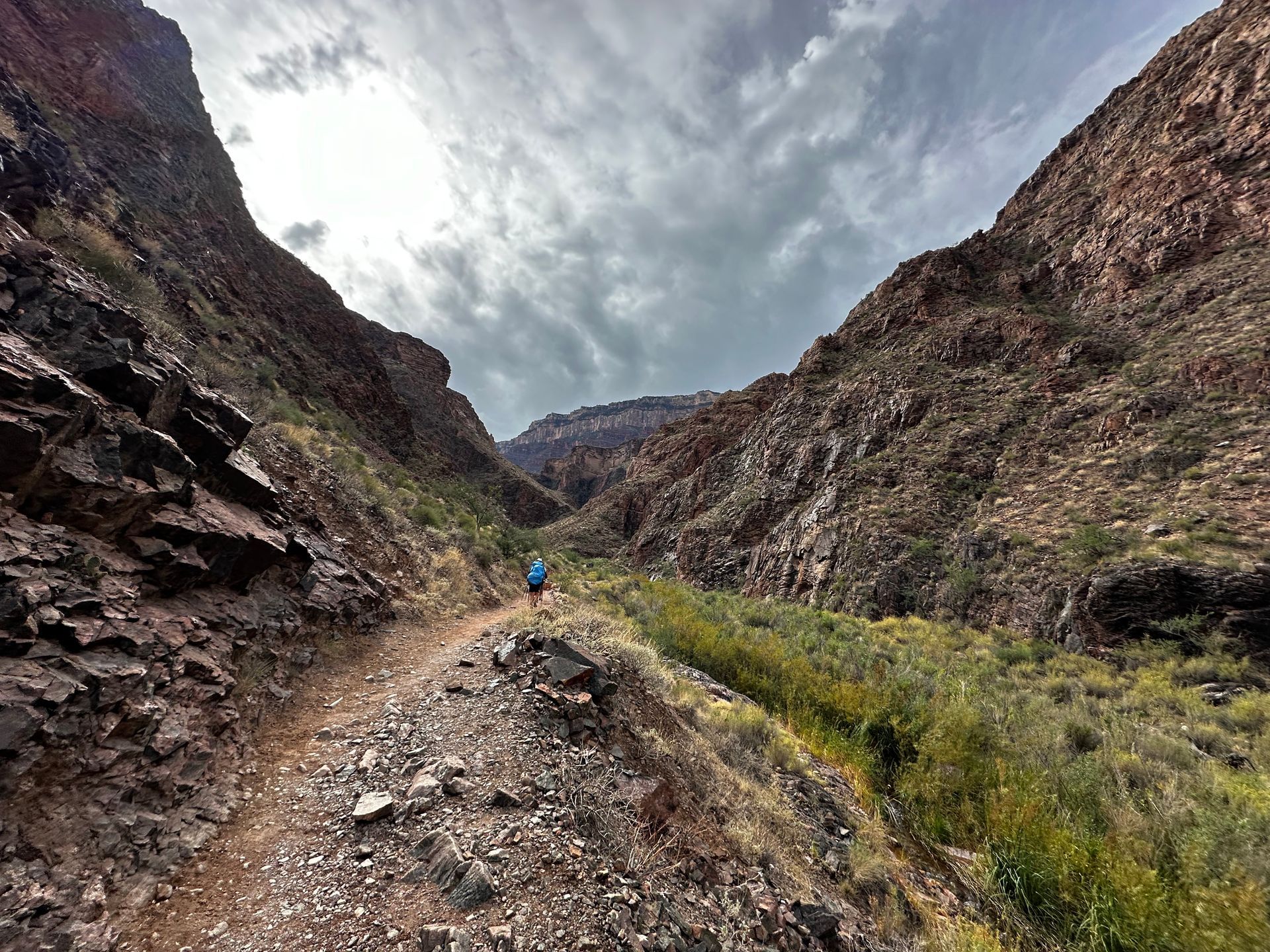 A person is walking down a dirt road in the middle of a canyon.