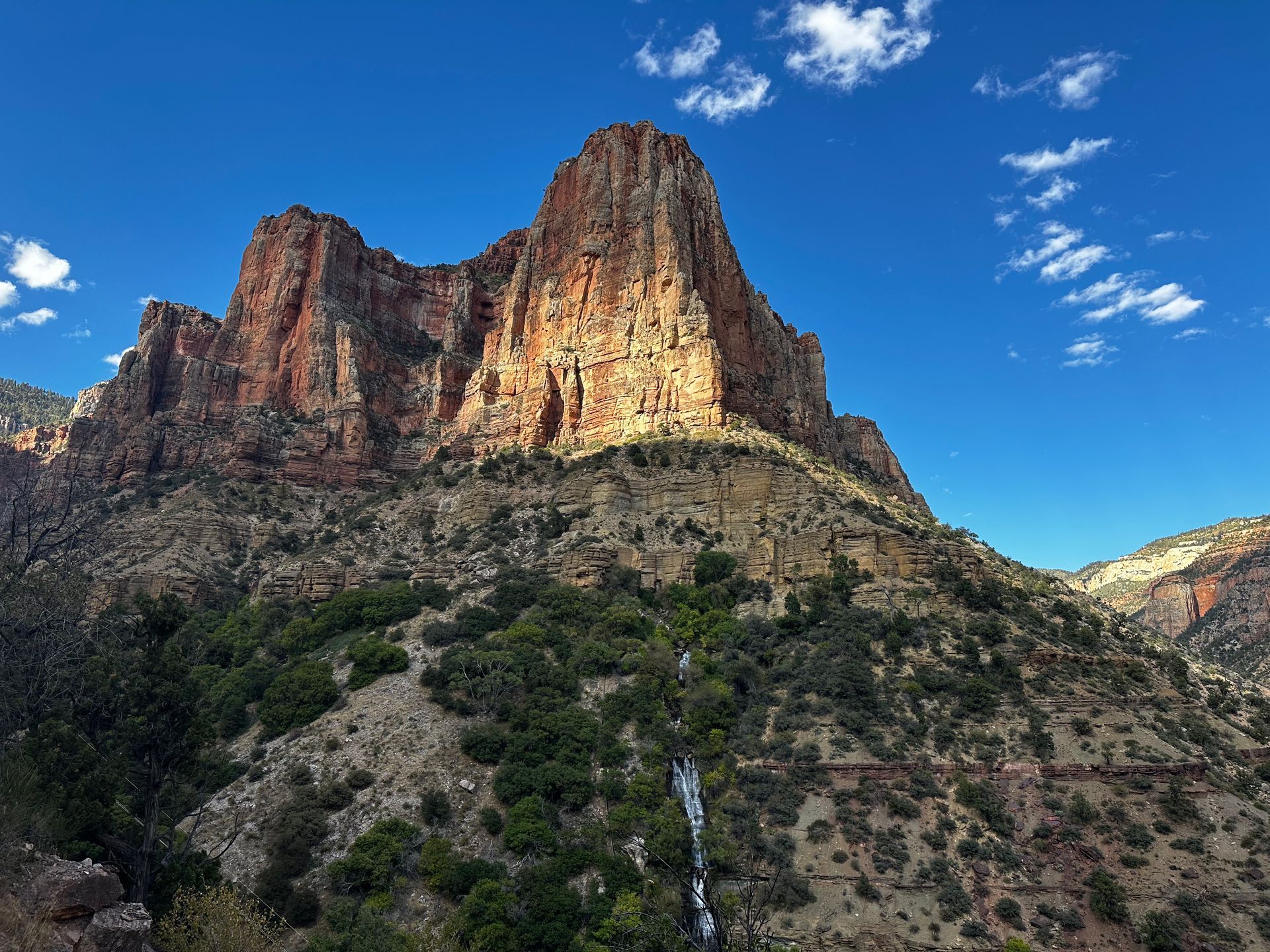 A large rocky mountain surrounded by trees and bushes with a blue sky in the background.