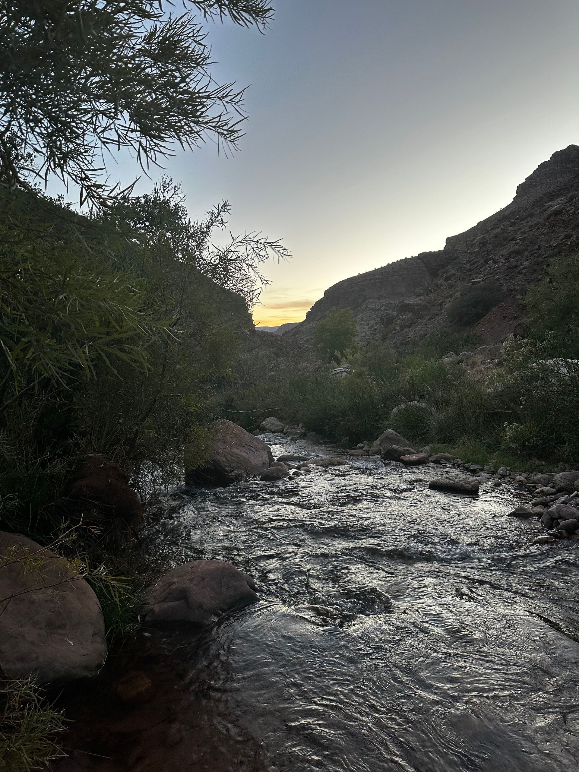 A river flowing through a valley surrounded by trees and rocks at sunset.