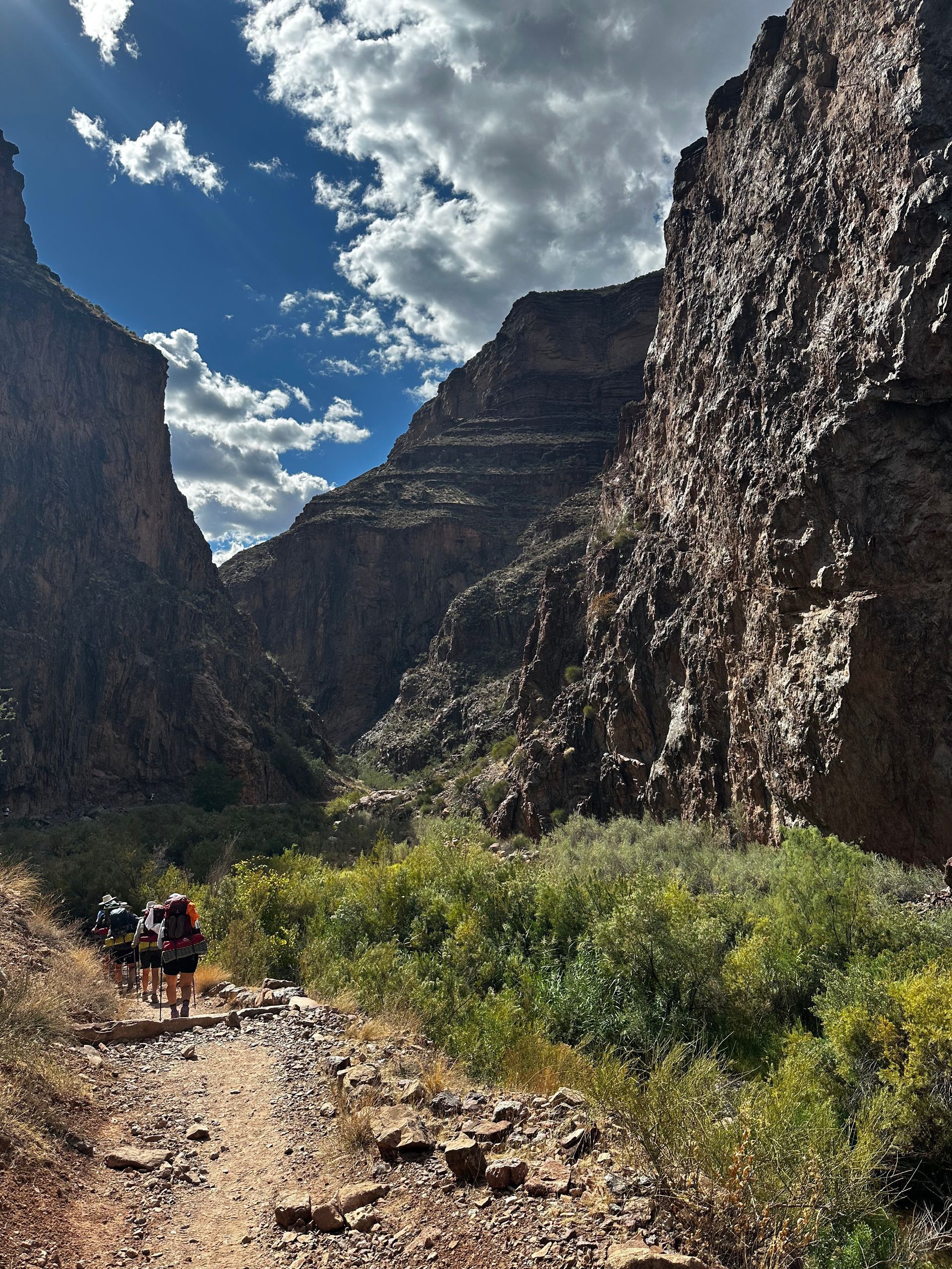 A group of people are walking down a dirt path in the mountains