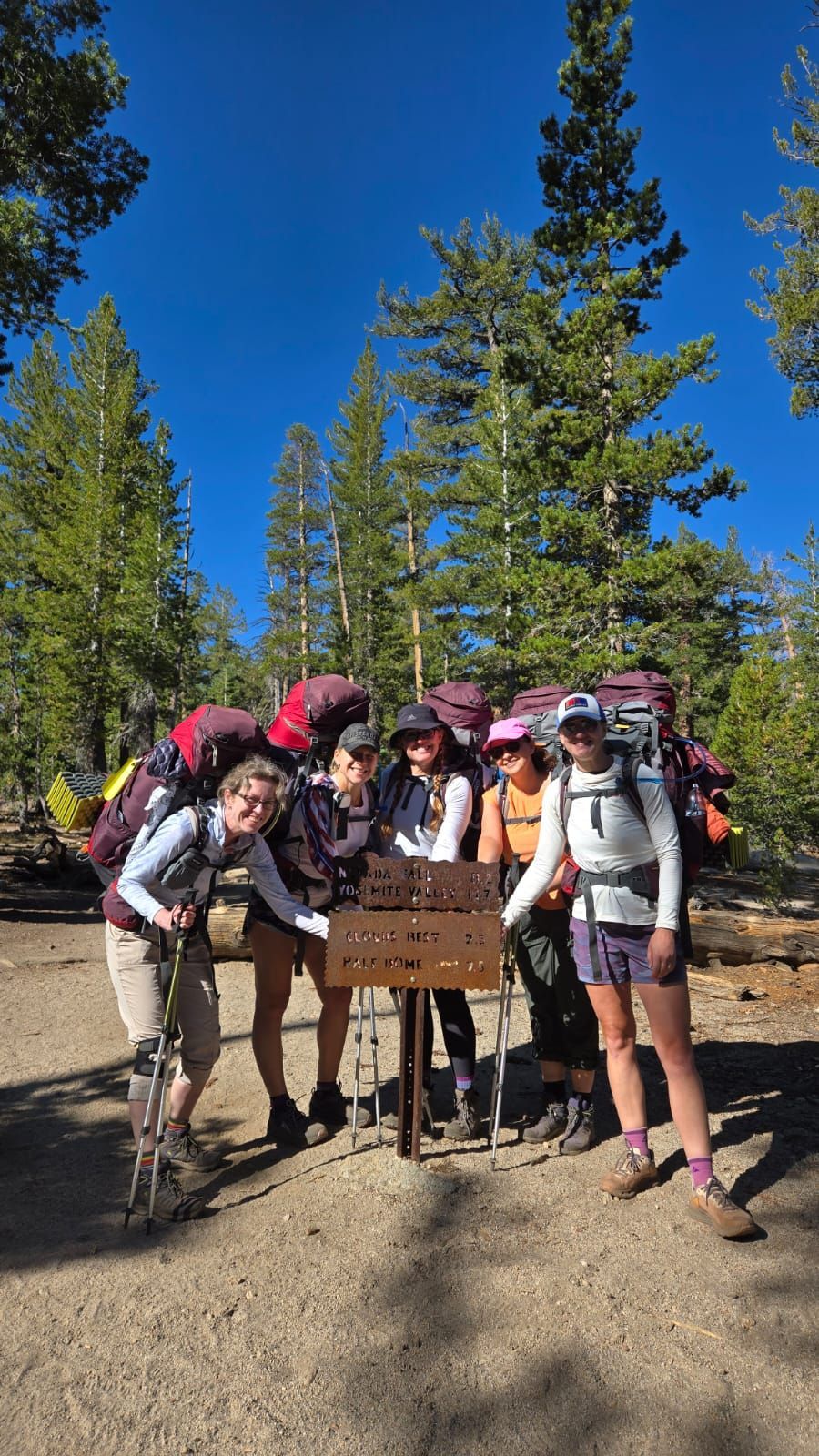 Six hikers pose with backpacks by a wooden trail sign in a sunny forest.