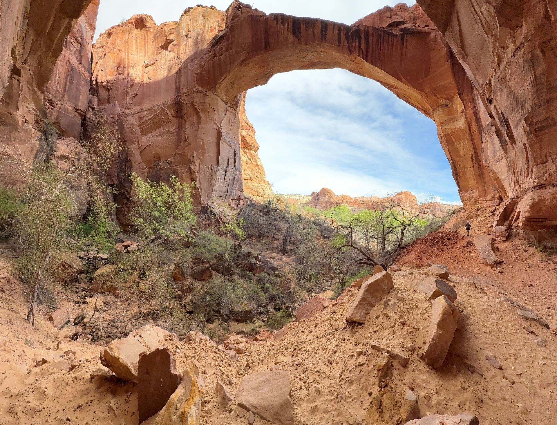 Natural sandstone arch in desert landscape, with a blue sky visible through the opening.
