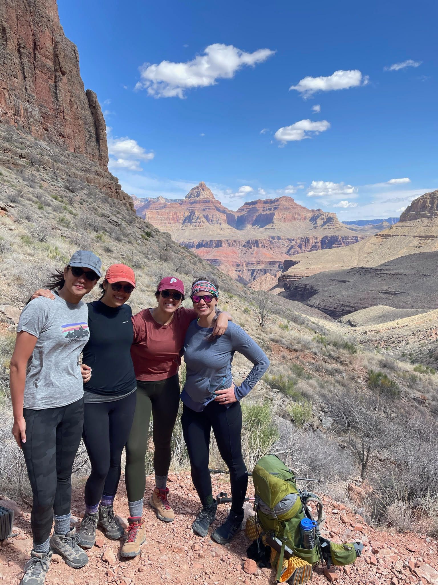 A group of women are posing for a picture in front of a mountain.