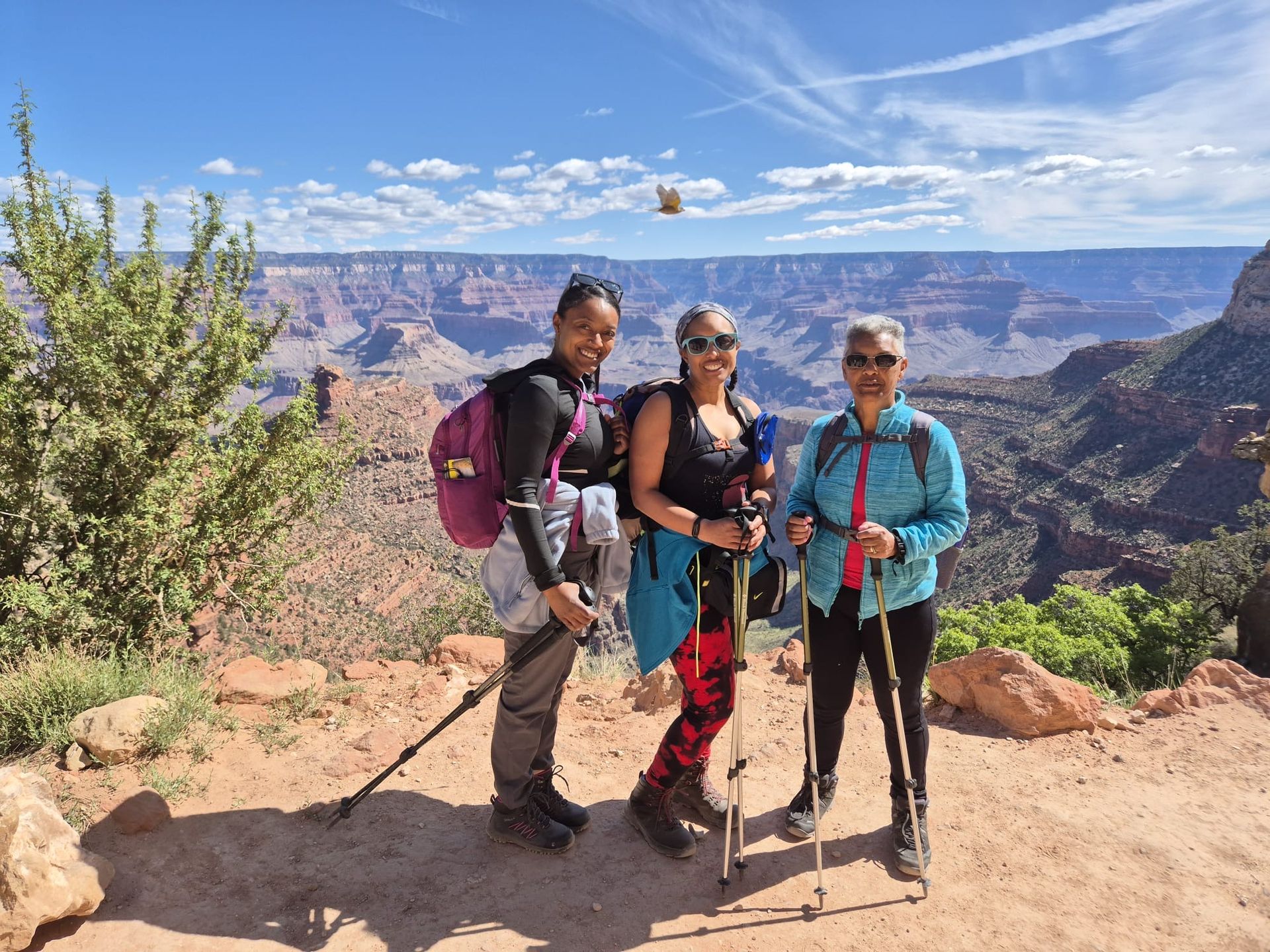 Three people stand at the Grand Canyon, posing with hiking poles. Blue sky, canyon vista.