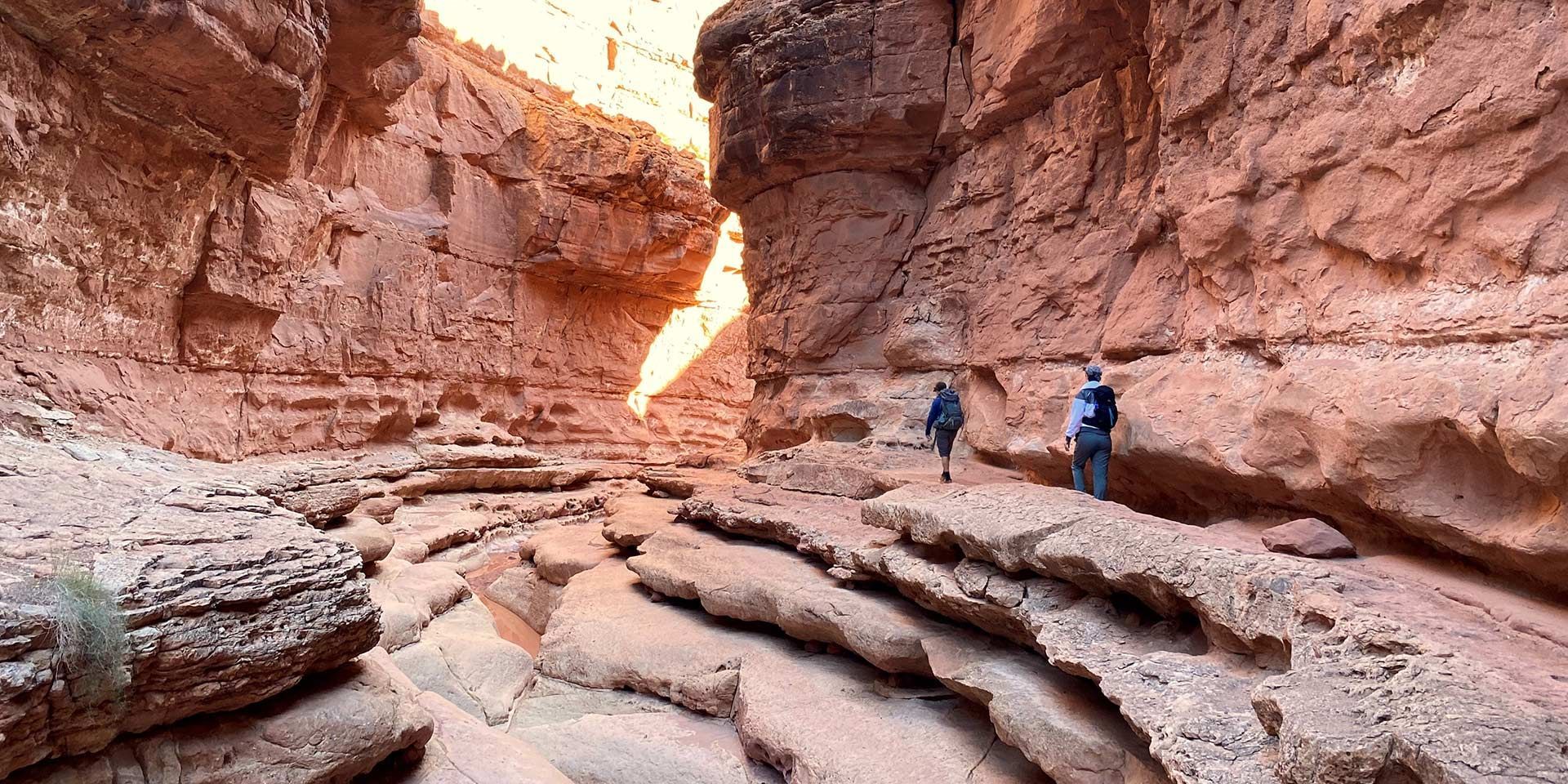 Two people are walking through a canyon in the desert.