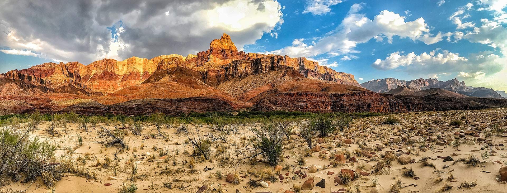 Desert landscape with red sandstone cliffs, scattered shrubs, and a cloudy blue sky