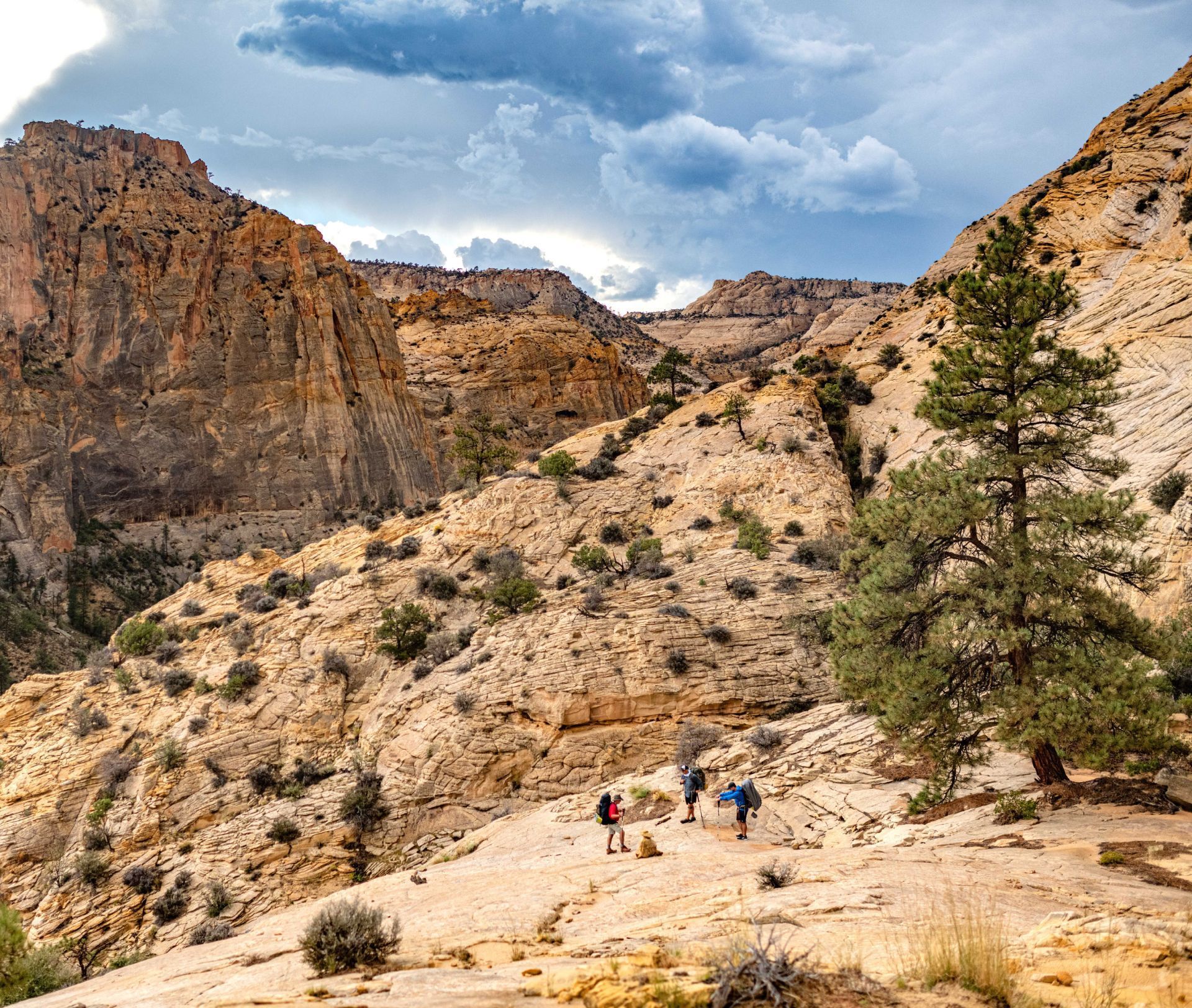 Hikers on a sandy desert trail between rocky canyon walls under a cloudy blue sky