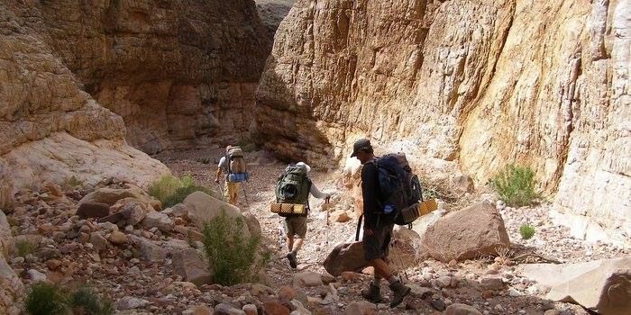 A group of people are walking through a rocky canyon.