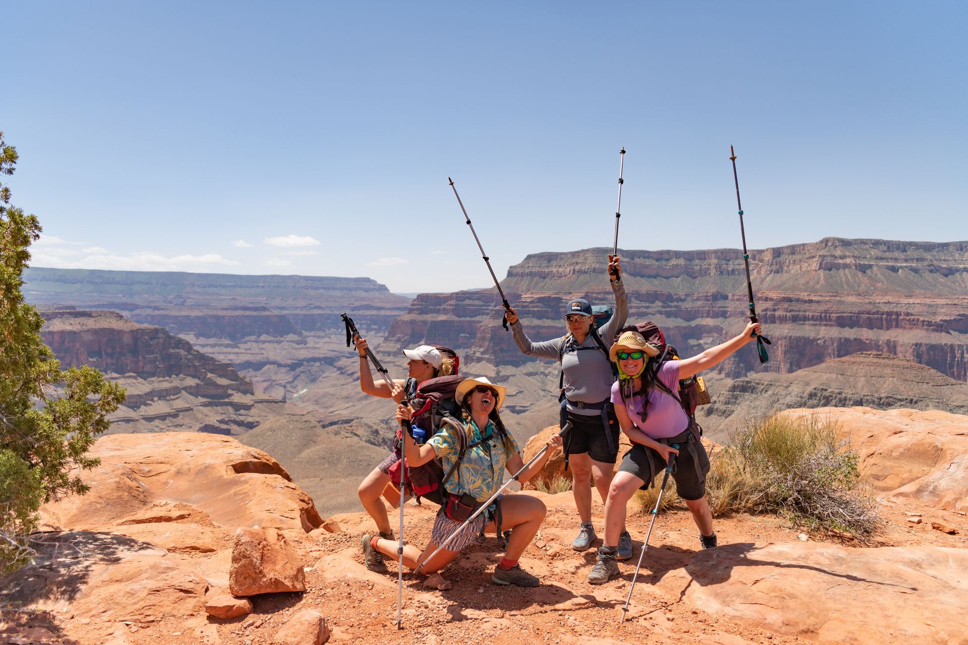 A group of people are posing for a picture on top of a mountain
