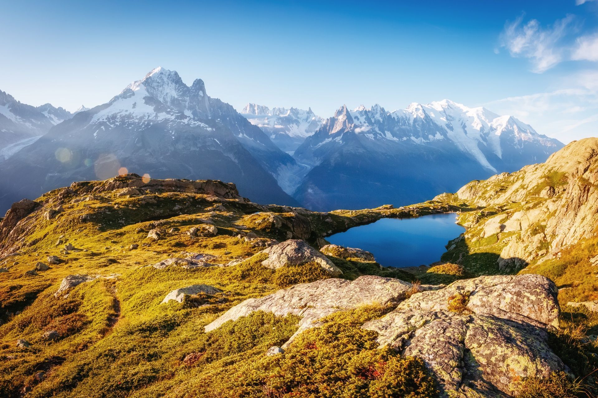 Mountain landscape with a small lake reflecting the sky; snow-capped peaks in background, grassy foreground.