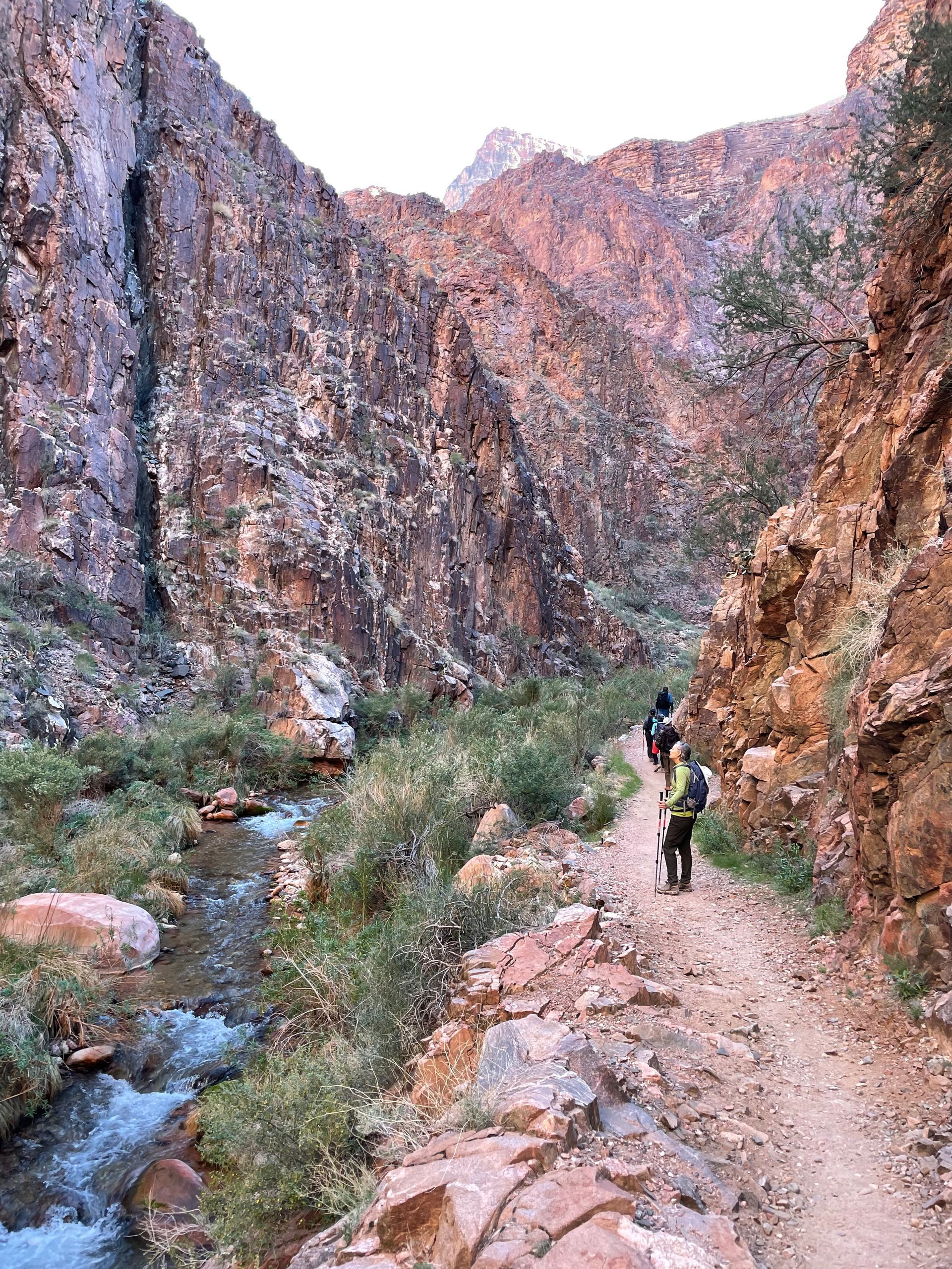 A couple of people are walking down a dirt path in a canyon next to a river.