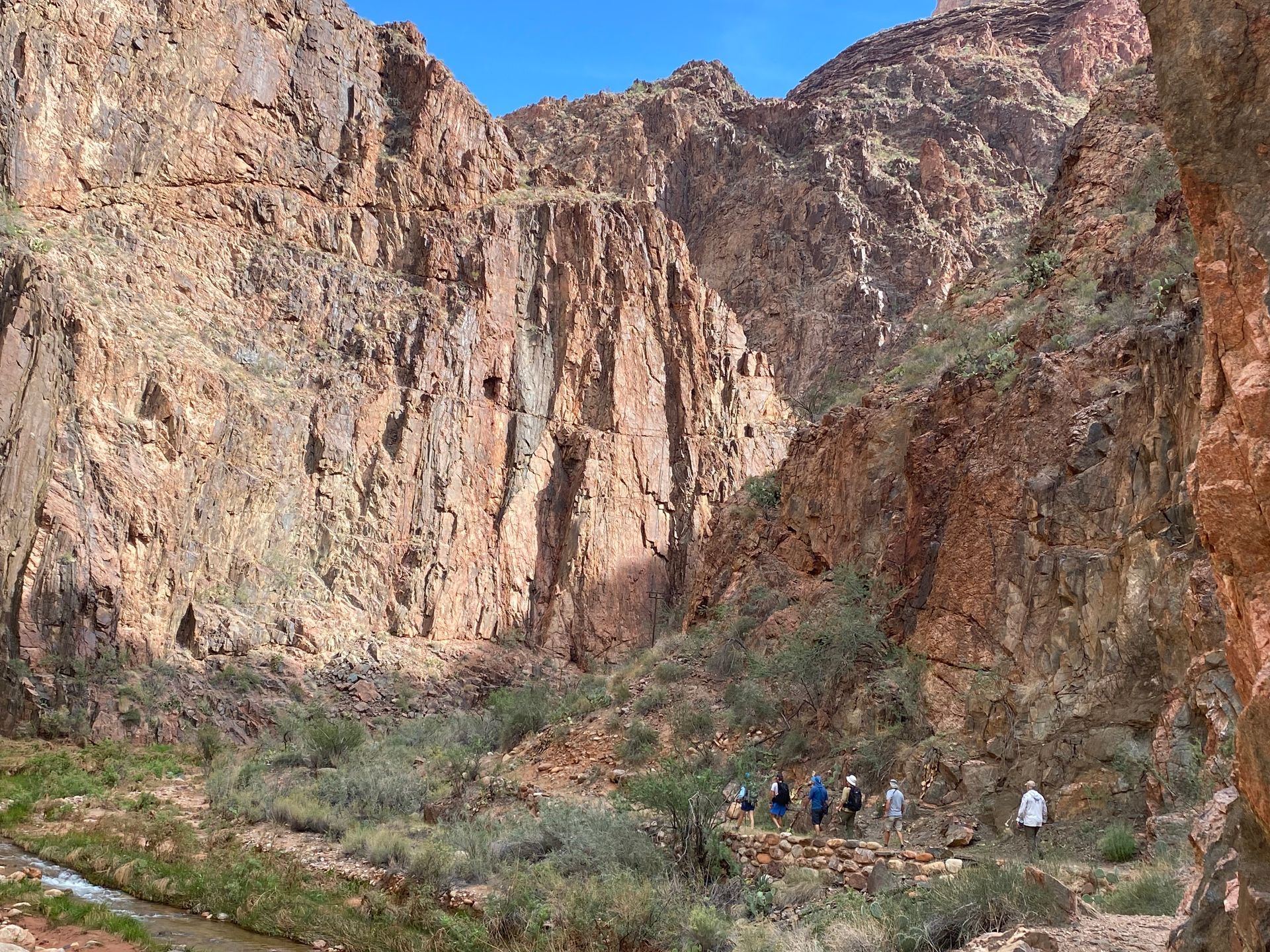 A group of people are walking down a trail in a canyon.