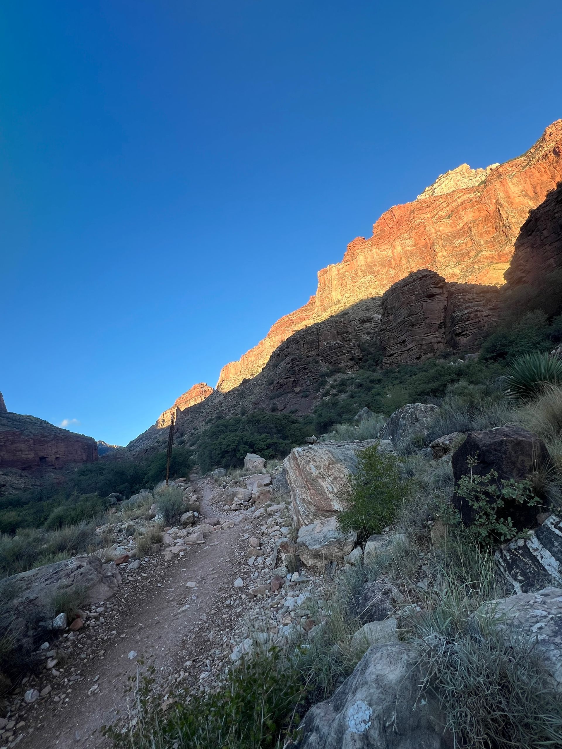 A dirt road leading up to a mountain with a blue sky in the background.