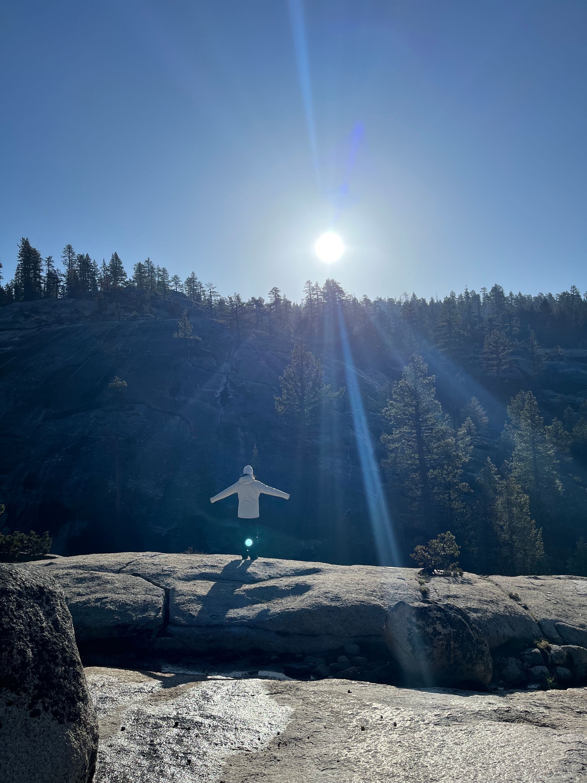 A person is standing on a rock with their arms outstretched in front of a forest.
