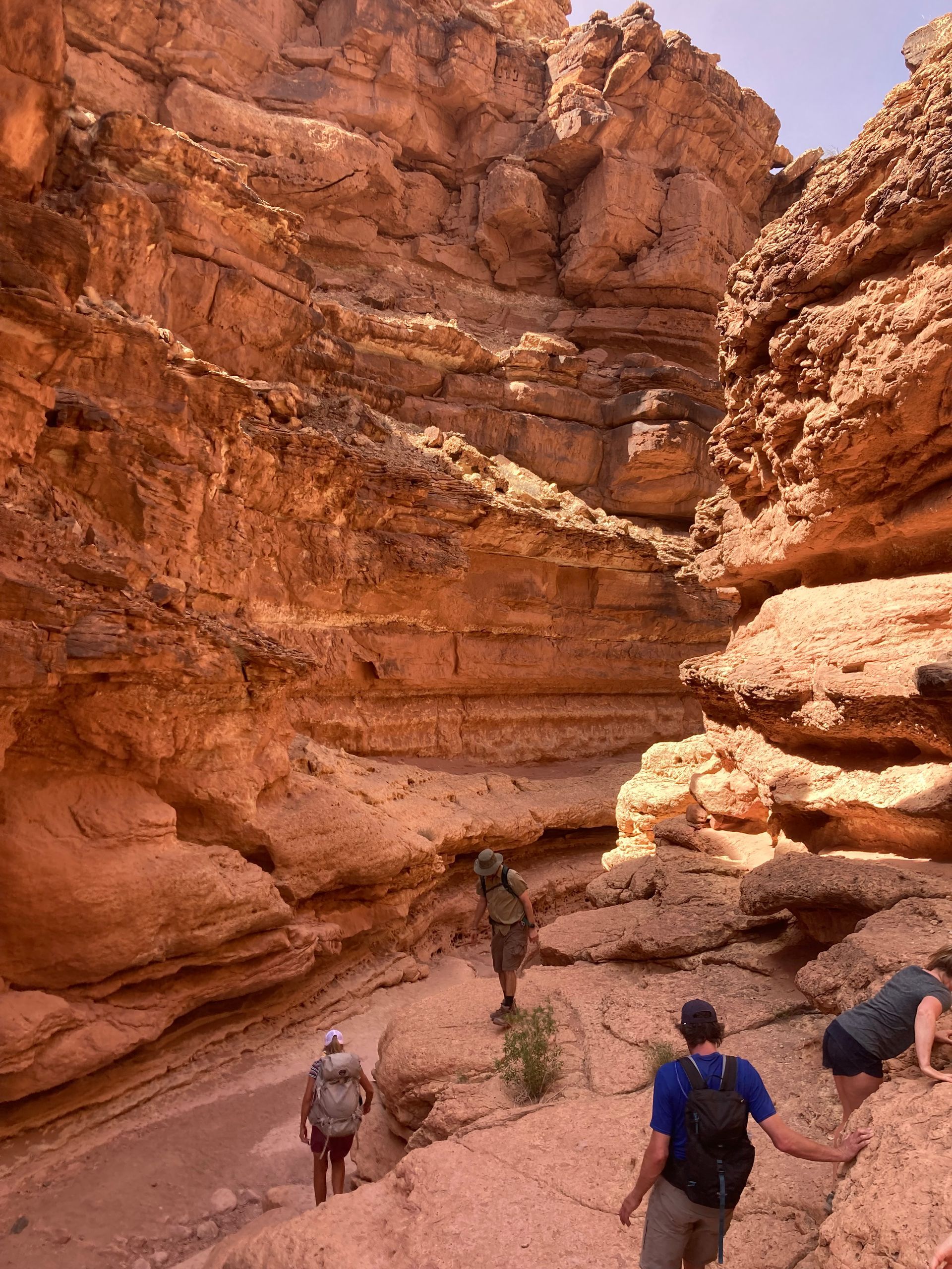 A group of people are walking through a canyon.