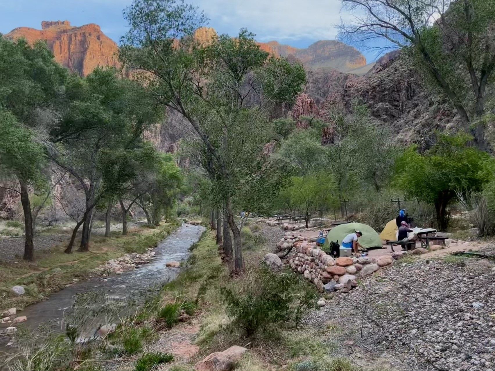 A group of people are camping next to a river in the woods.