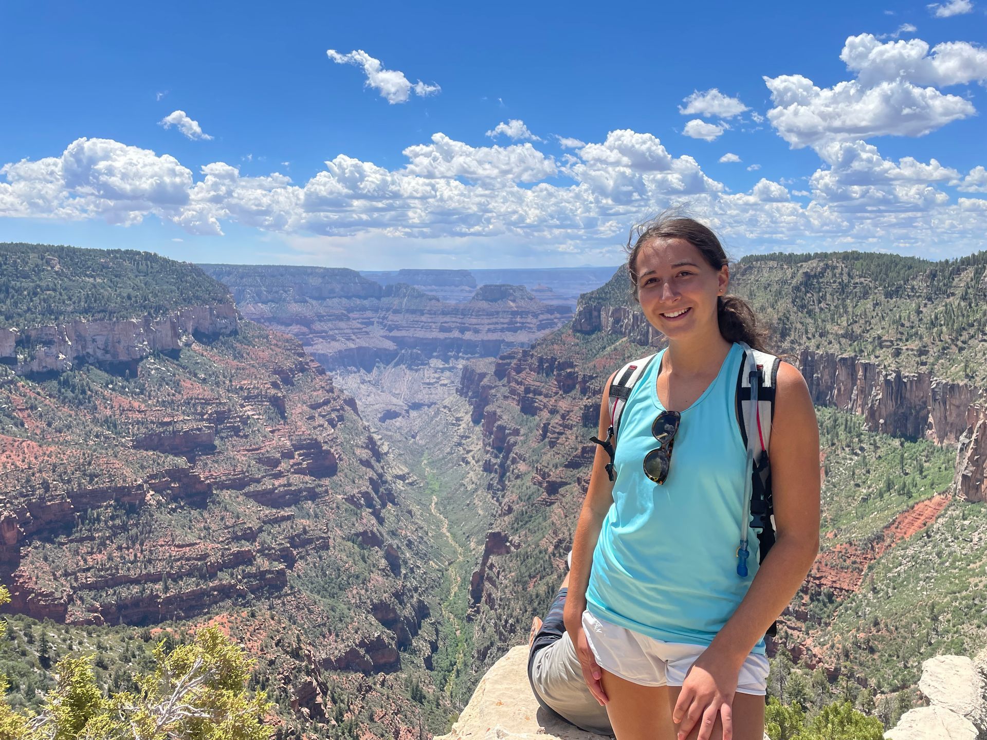 A woman is standing on top of a cliff overlooking a canyon.