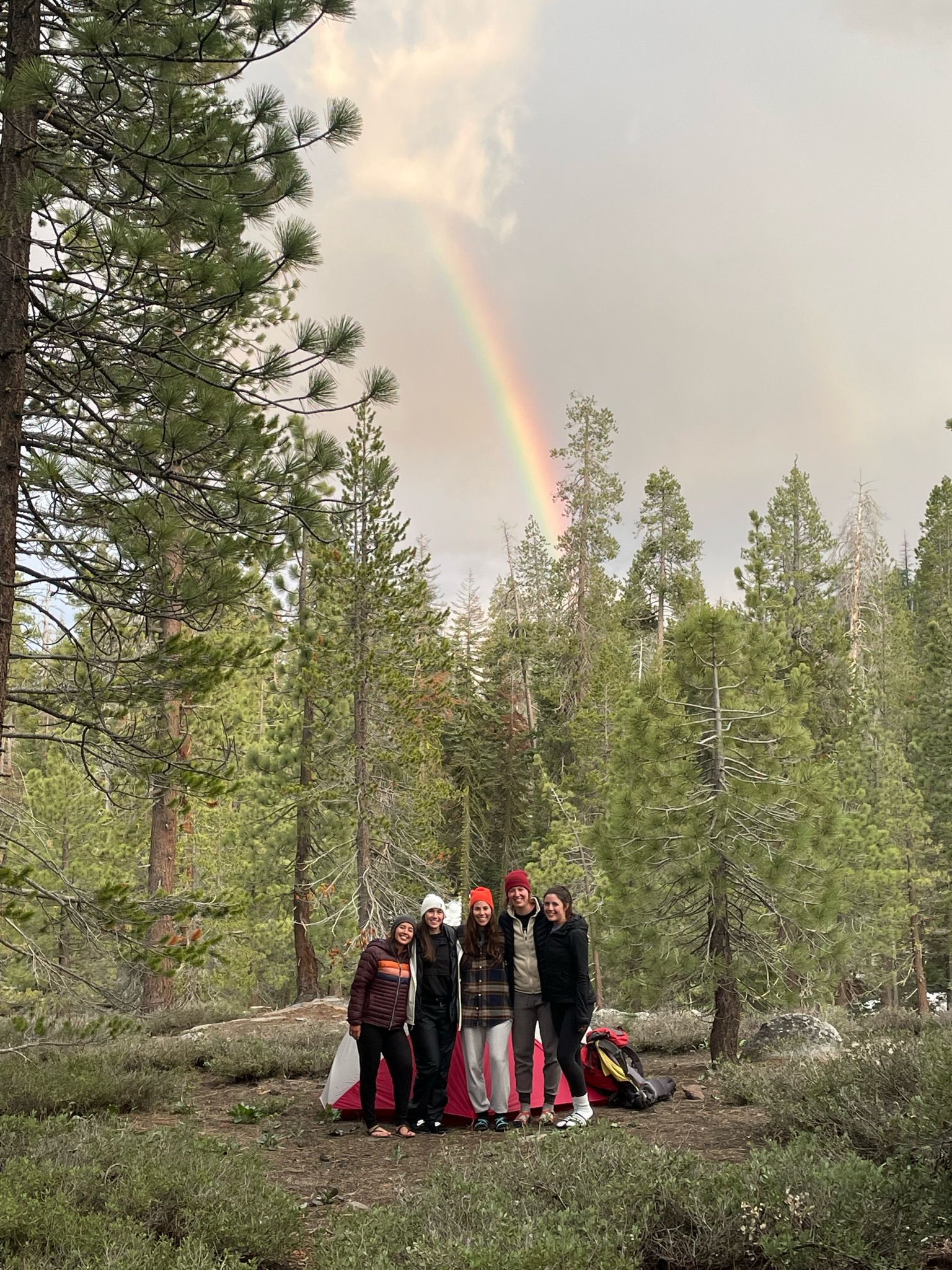 A group of people are standing in front of a rainbow in the woods.
