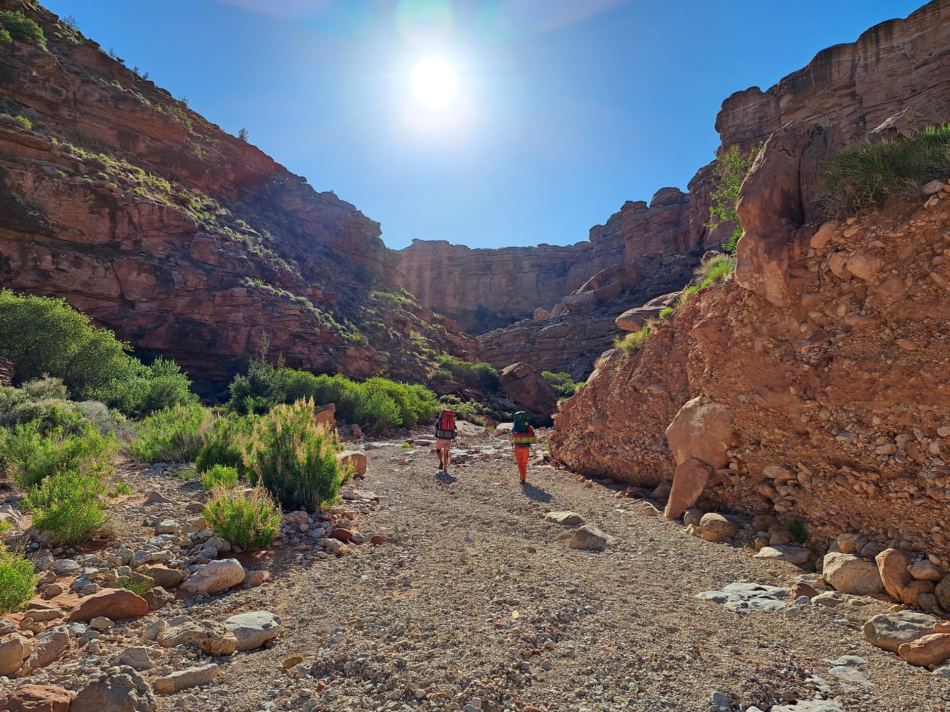 A group of people are walking through a rocky canyon.