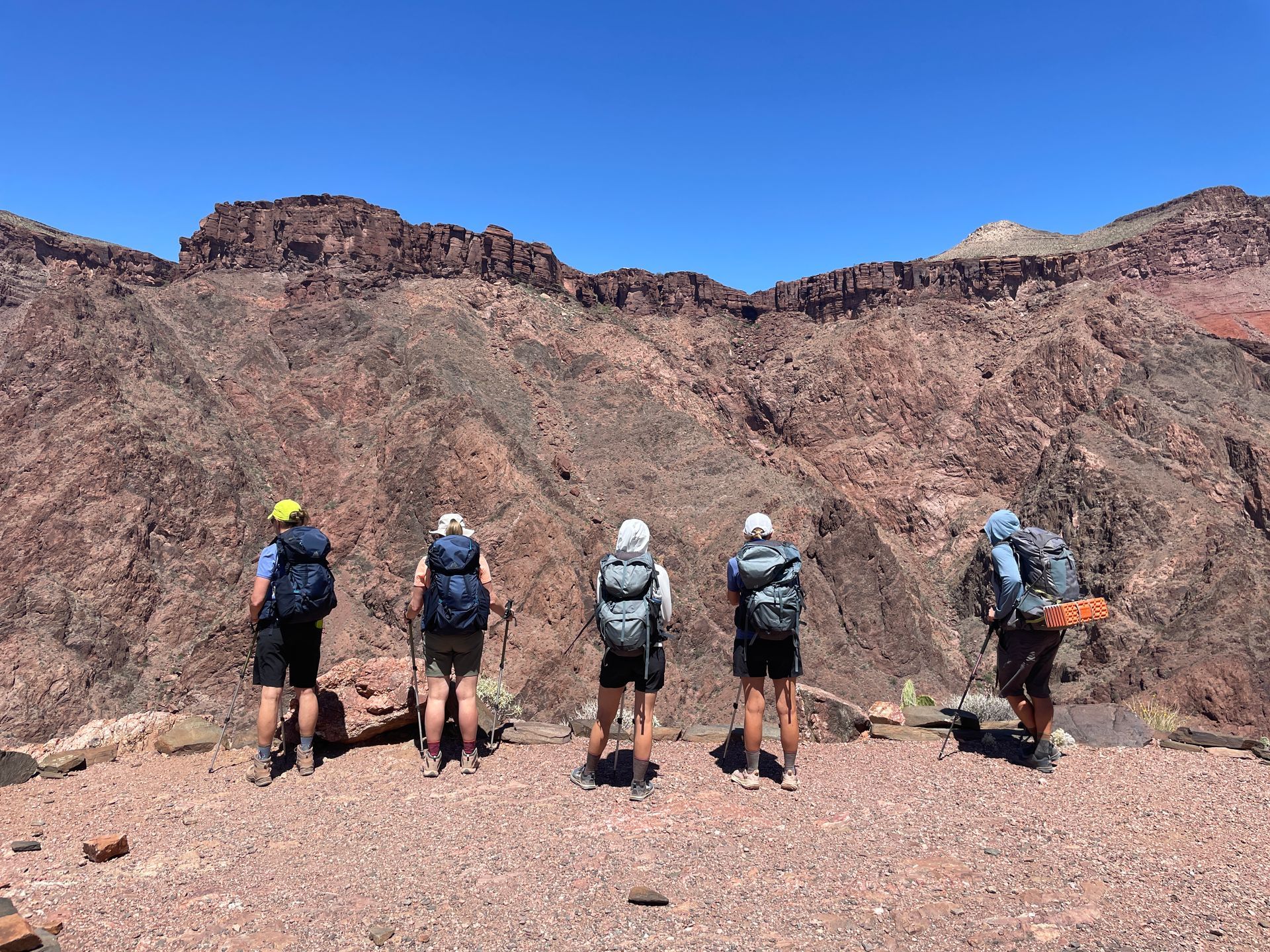 Five hikers with backpacks overlooking a red rock mountain range under a blue sky.