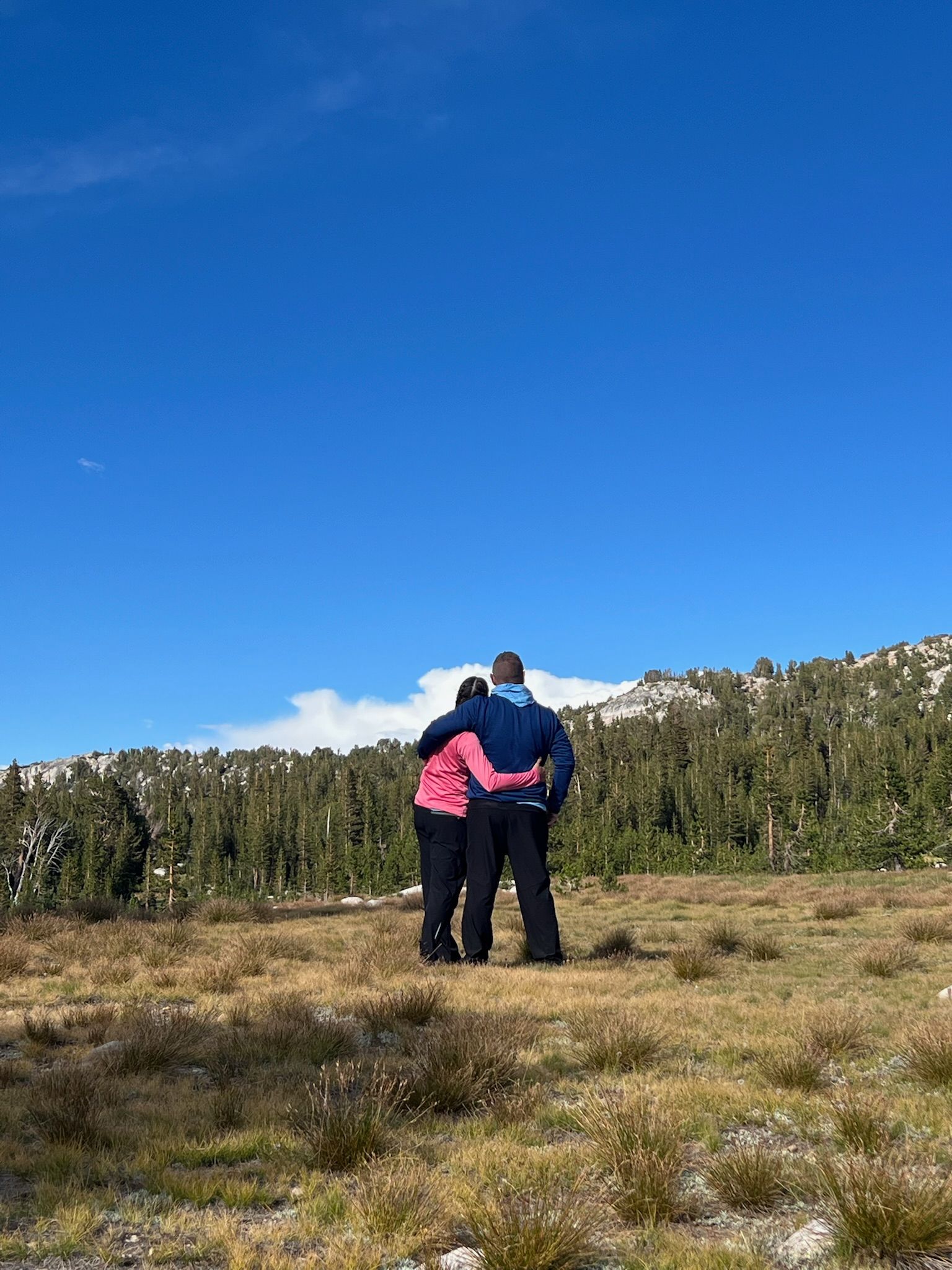 Two people embracing, looking toward a mountain landscape under a blue sky.