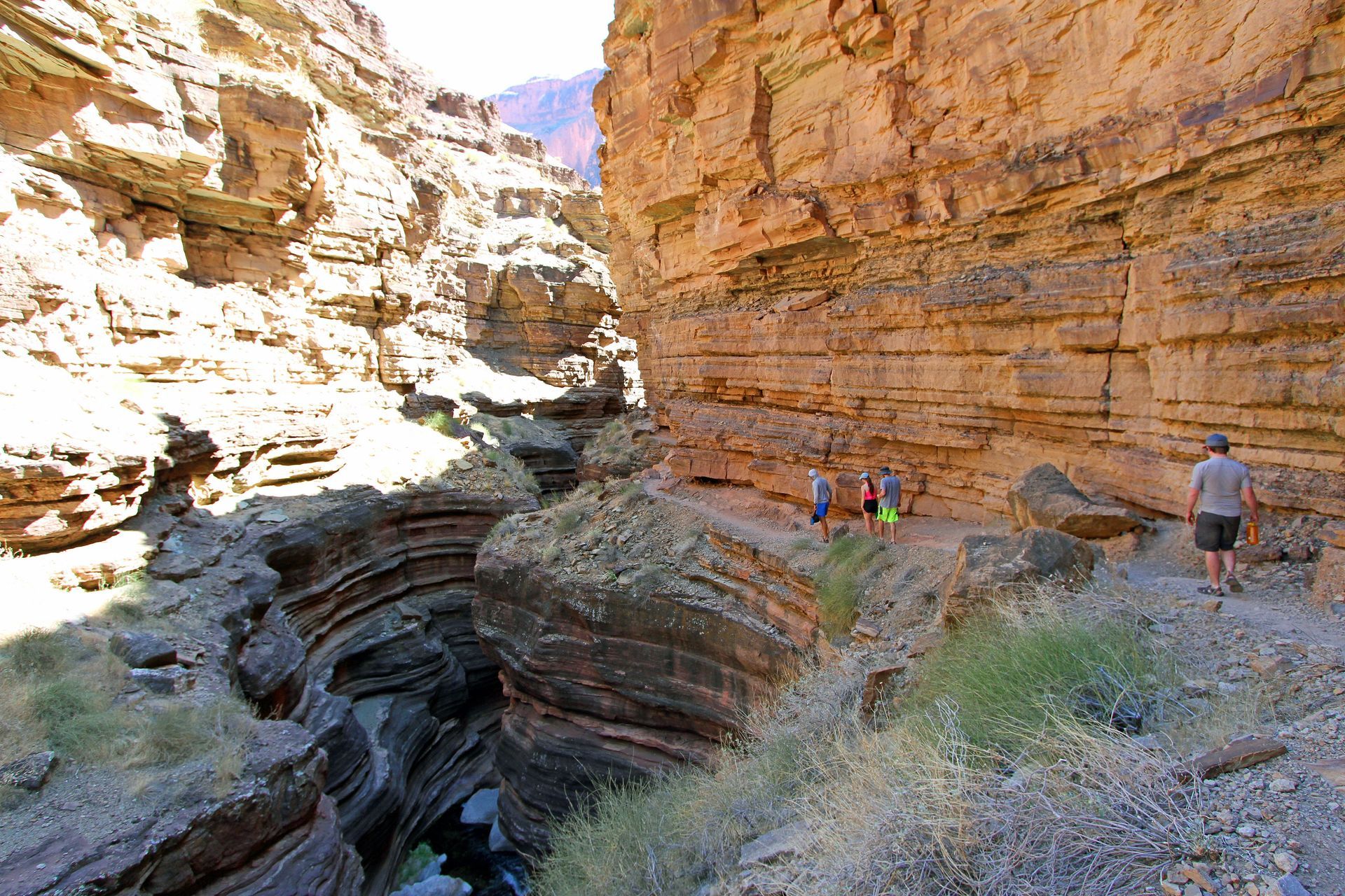 A group of people are walking through a canyon.