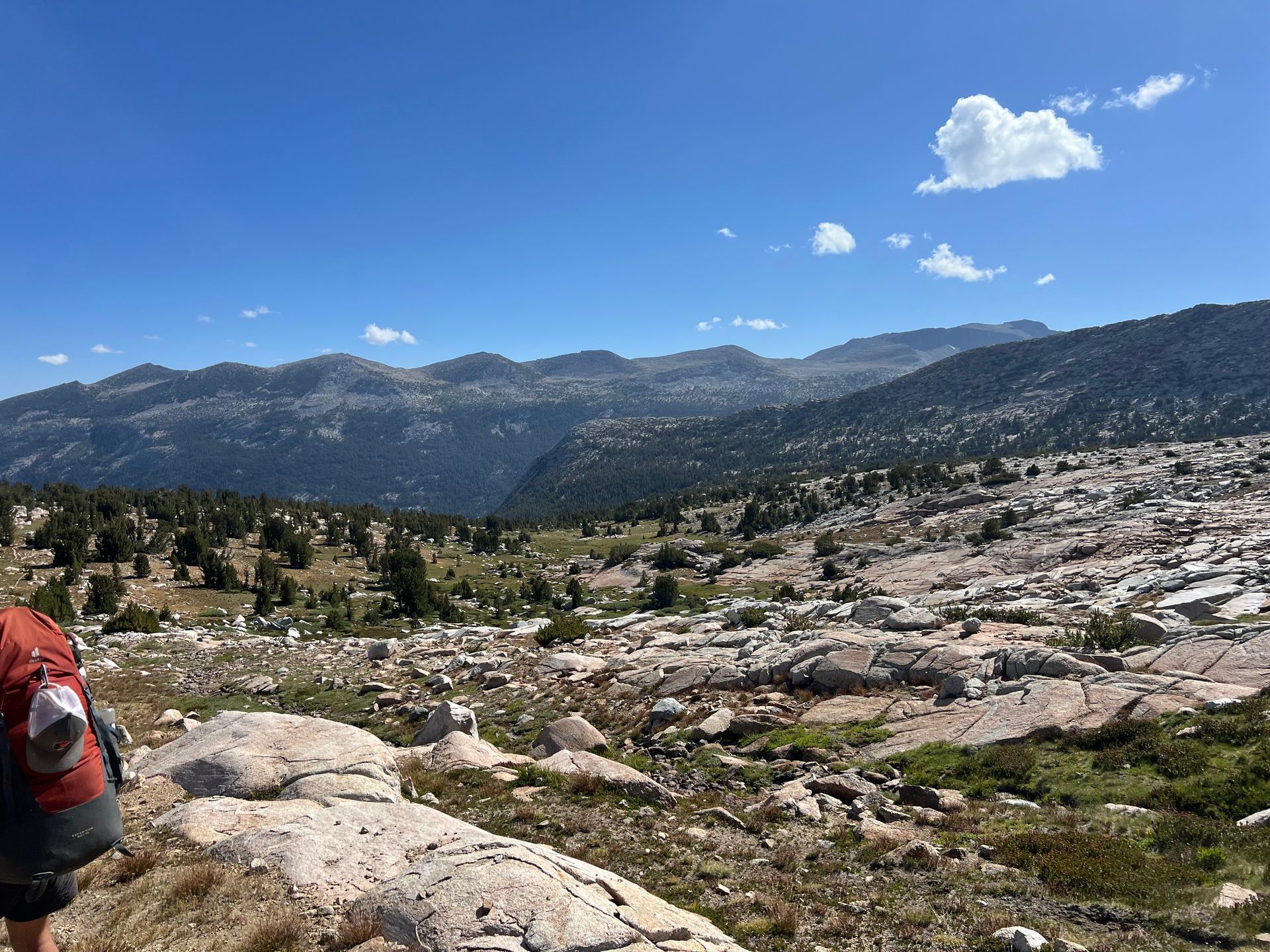 Hiker with a red backpack in a mountain landscape with rocky terrain, scattered trees, and a blue sky.