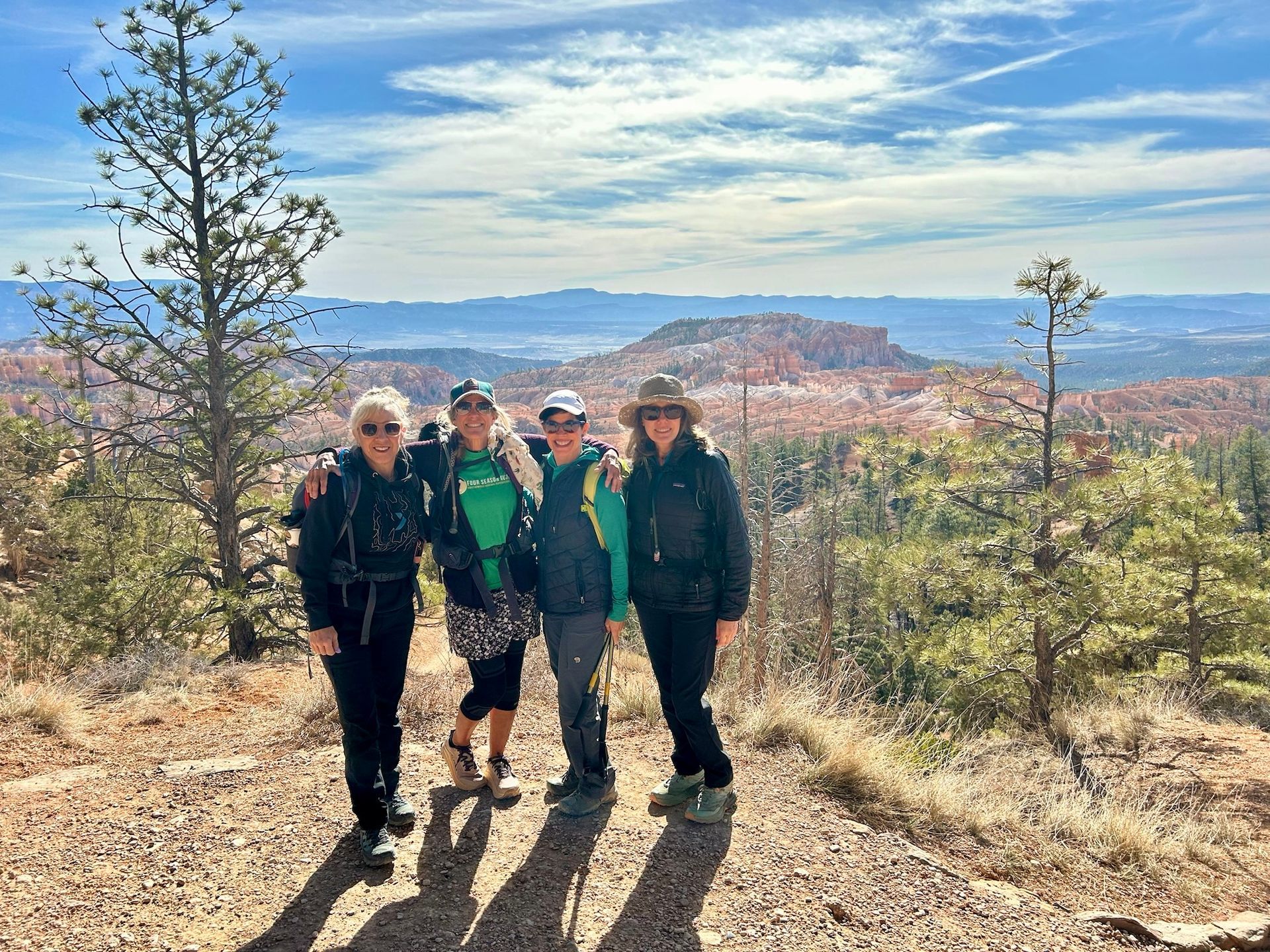 Four hikers pose on a hillside overlooking a red rock landscape under a blue sky.
