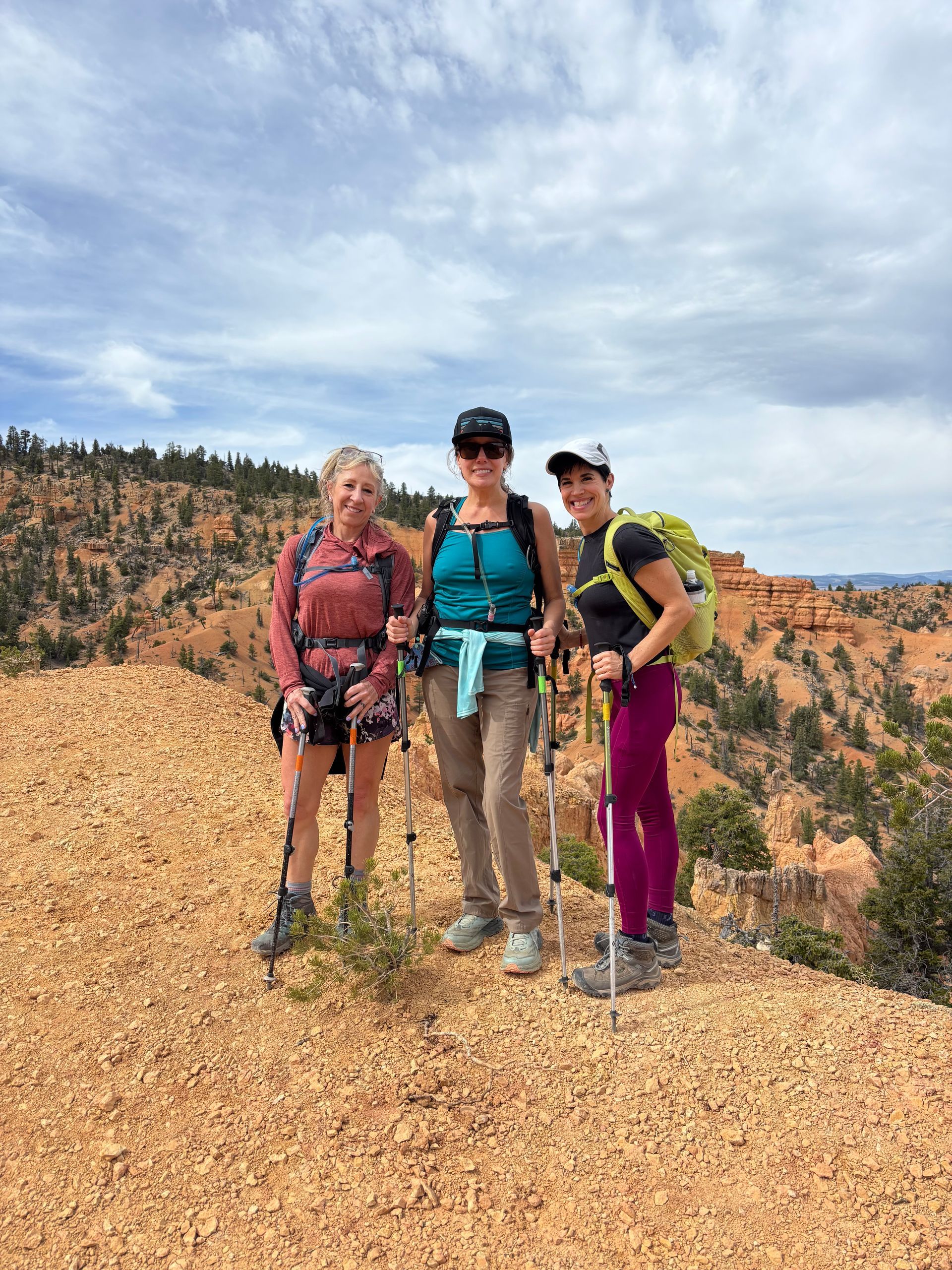 Three people on a red rock hiking trail, using poles. Cloudy sky and canyon in background.