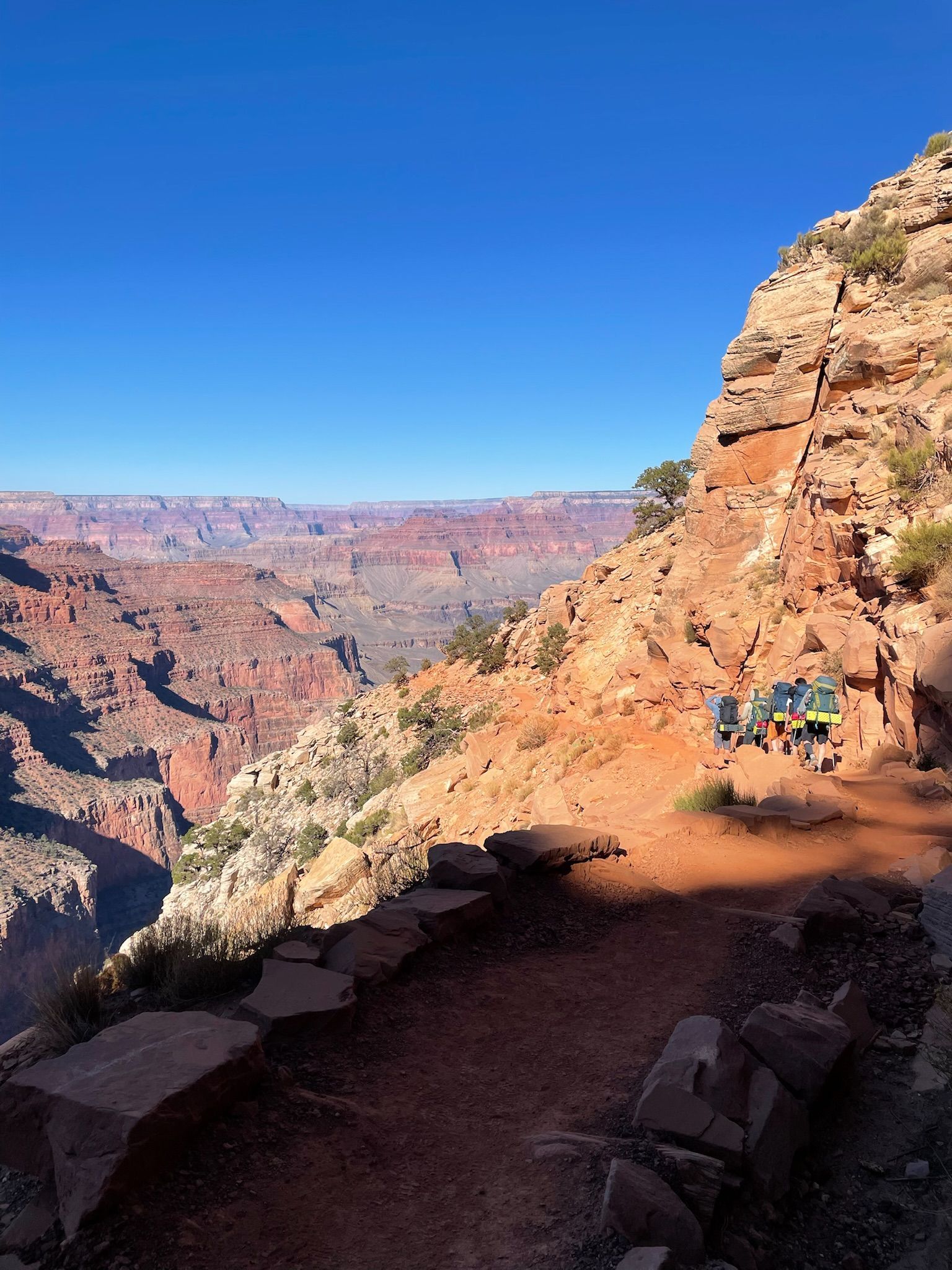 Hiking trail along a canyon rim with views of the Grand Canyon under a clear blue sky.