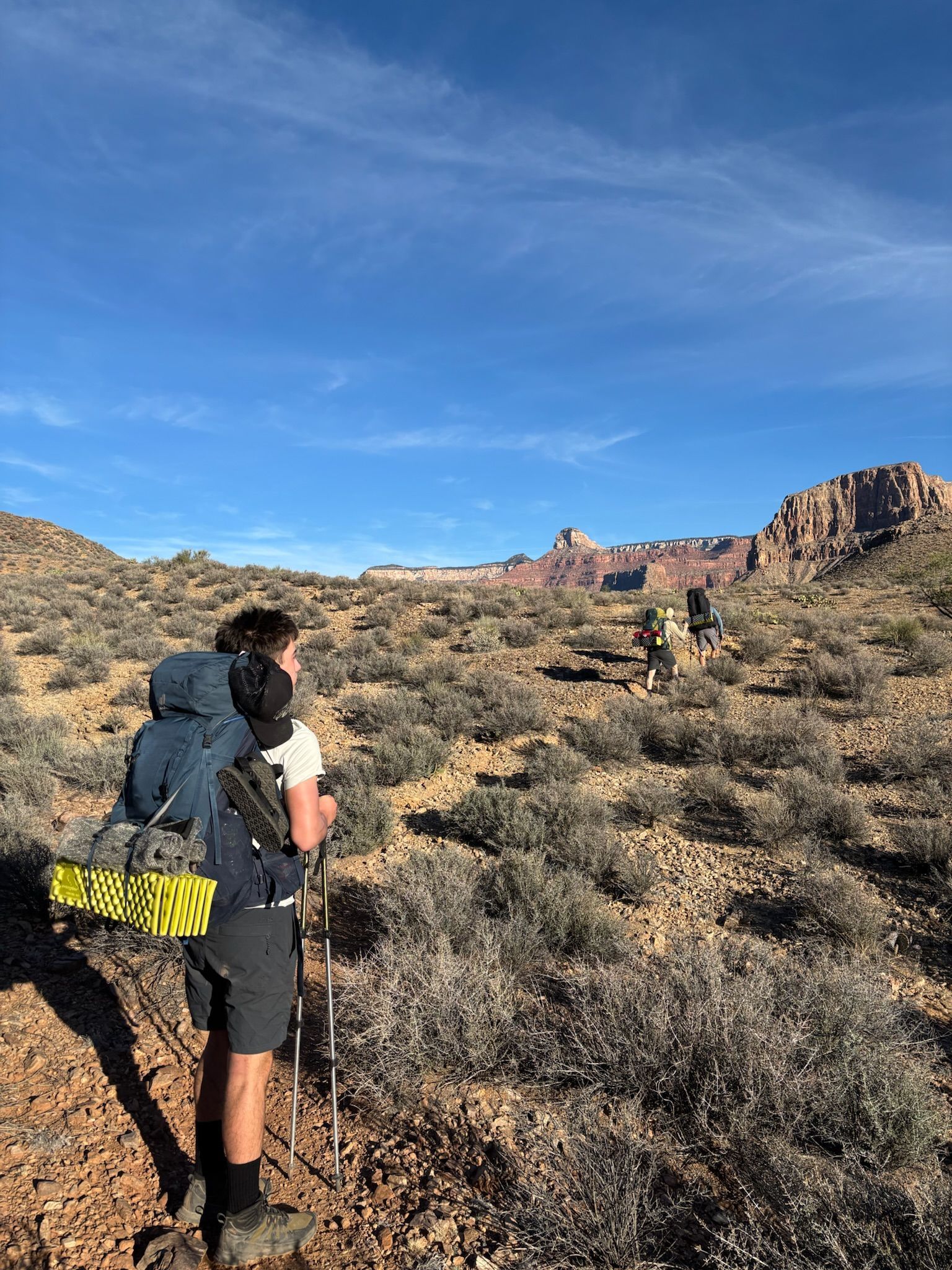 Person backpacking on a trail with others, surrounded by desert vegetation and red rock formations under a blue sky.