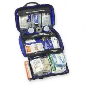 A blue first aid kit filled with lots of medical supplies.