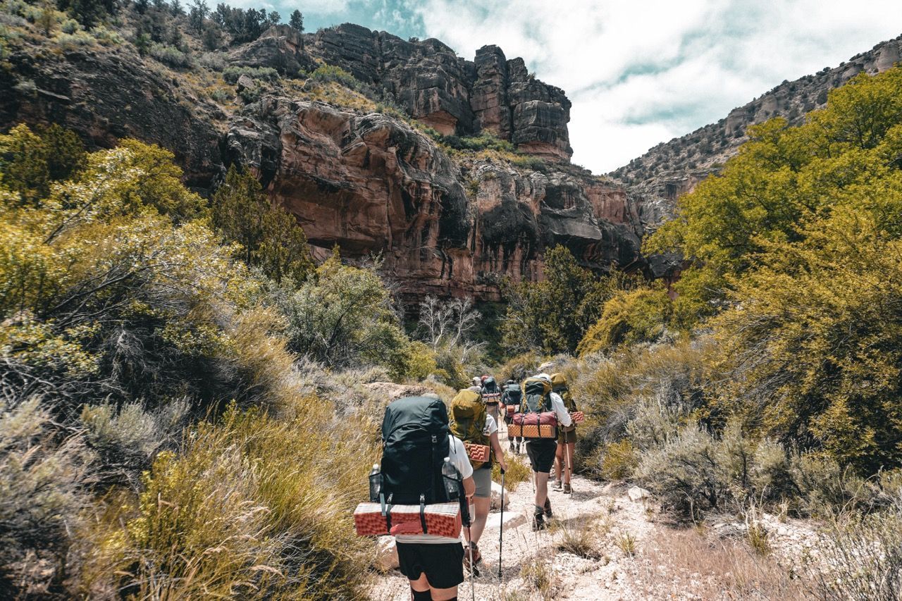 A group of people are hiking down a trail in the mountains.