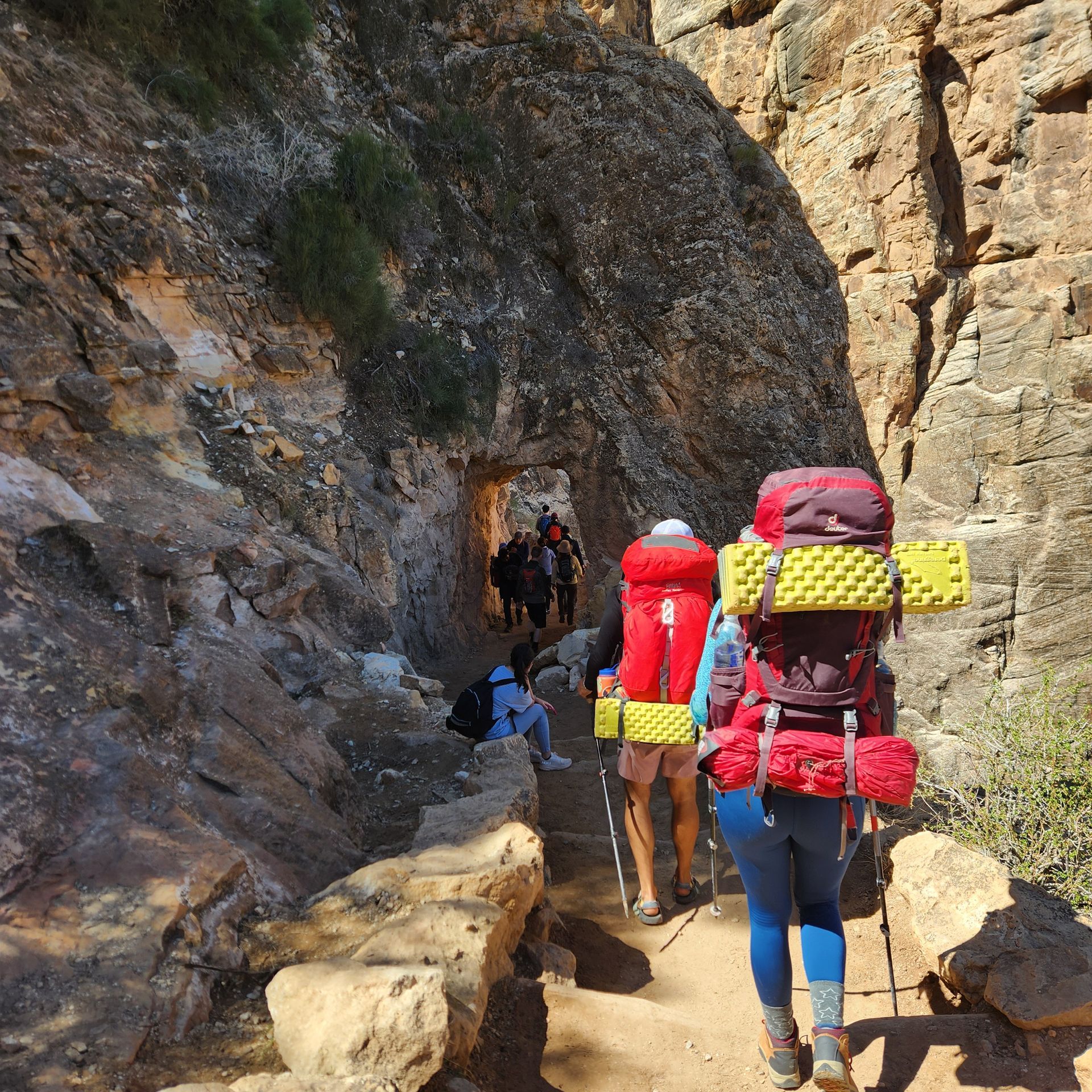 Hikers on a narrow trail carved into rock, with backpacks and trekking poles.