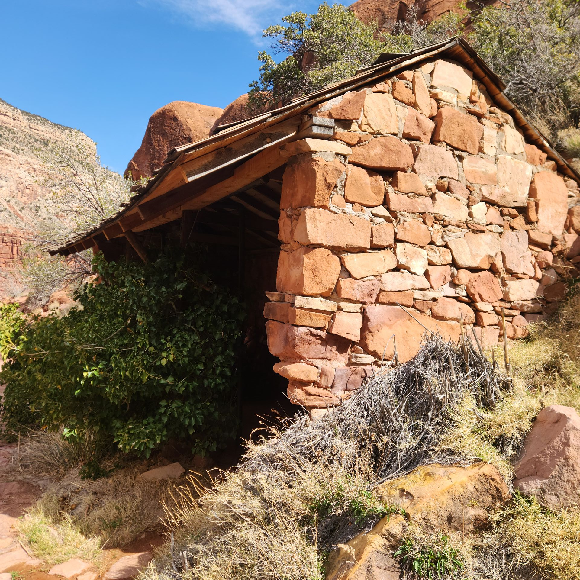 Stone structure built into a hillside, with a wooden roof and vegetation growing nearby, against a blue sky.