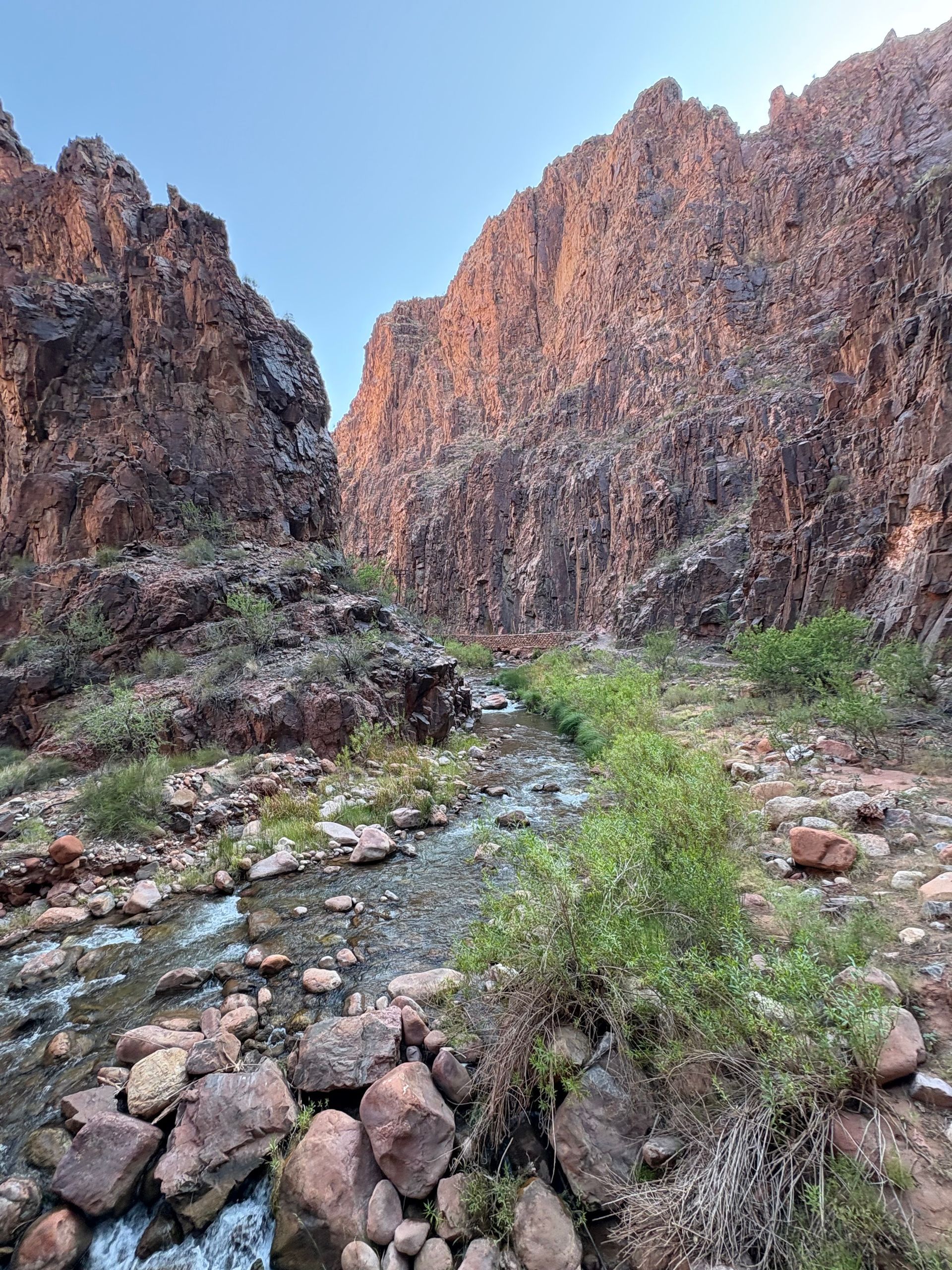 Narrow canyon with stream, reddish rock walls, and sparse greenery under a blue sky.