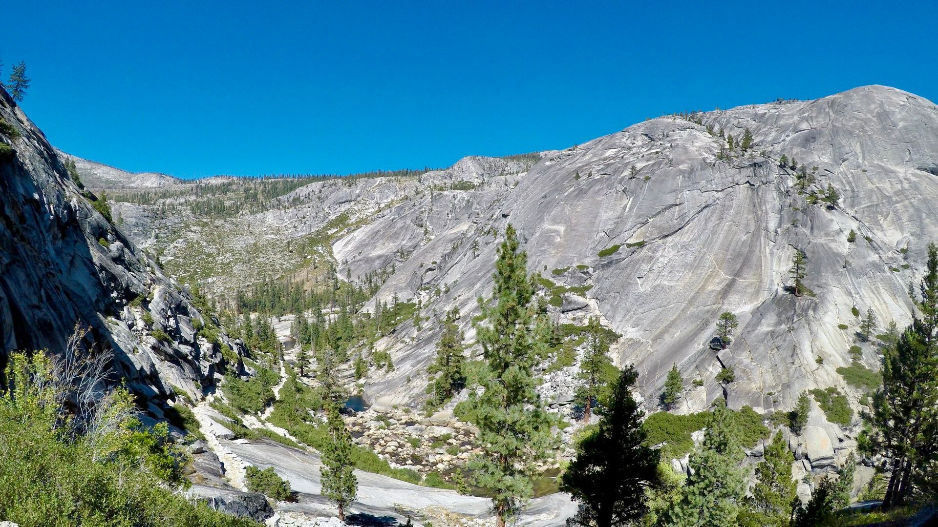 A mountain covered in trees and rocks with a blue sky in the background.