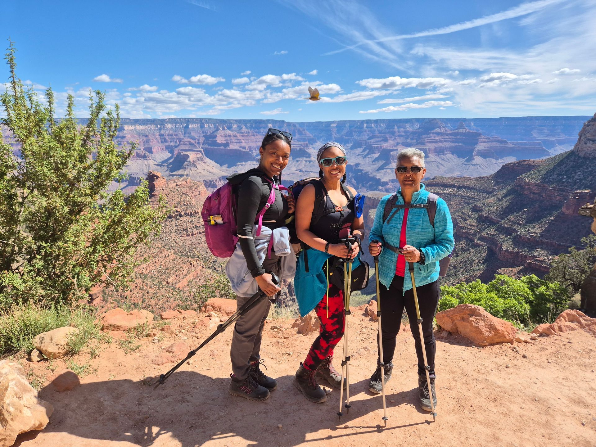 Three people with hiking poles pose at Grand Canyon overlook.